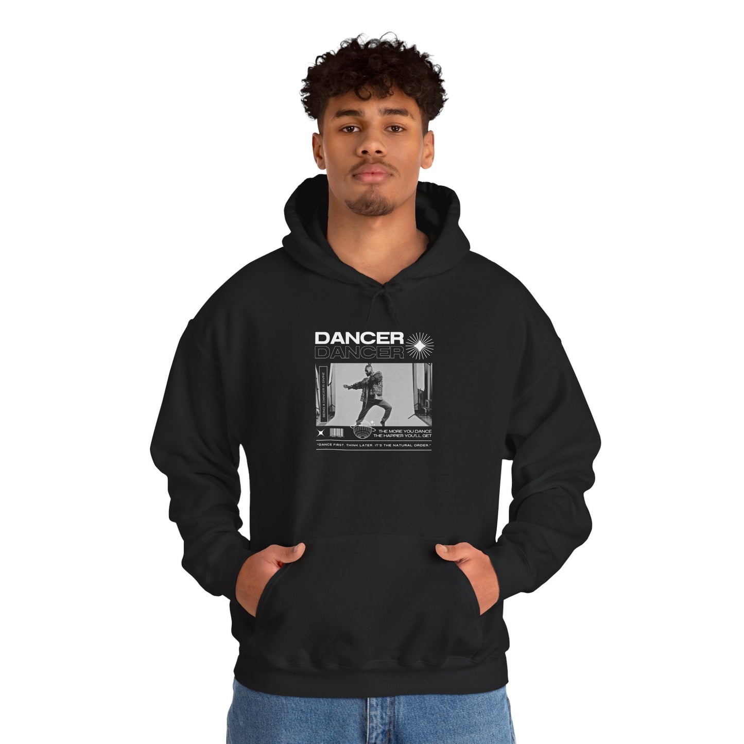 “Dancer” Text with Jazz-Inspired Streetwear-Style Pose Graphic – Unisex Heavy Blend™ Hooded Sweatshirt – Cozy Dance Hoodie for Jazz Dancers & Performing Arts Lovers "