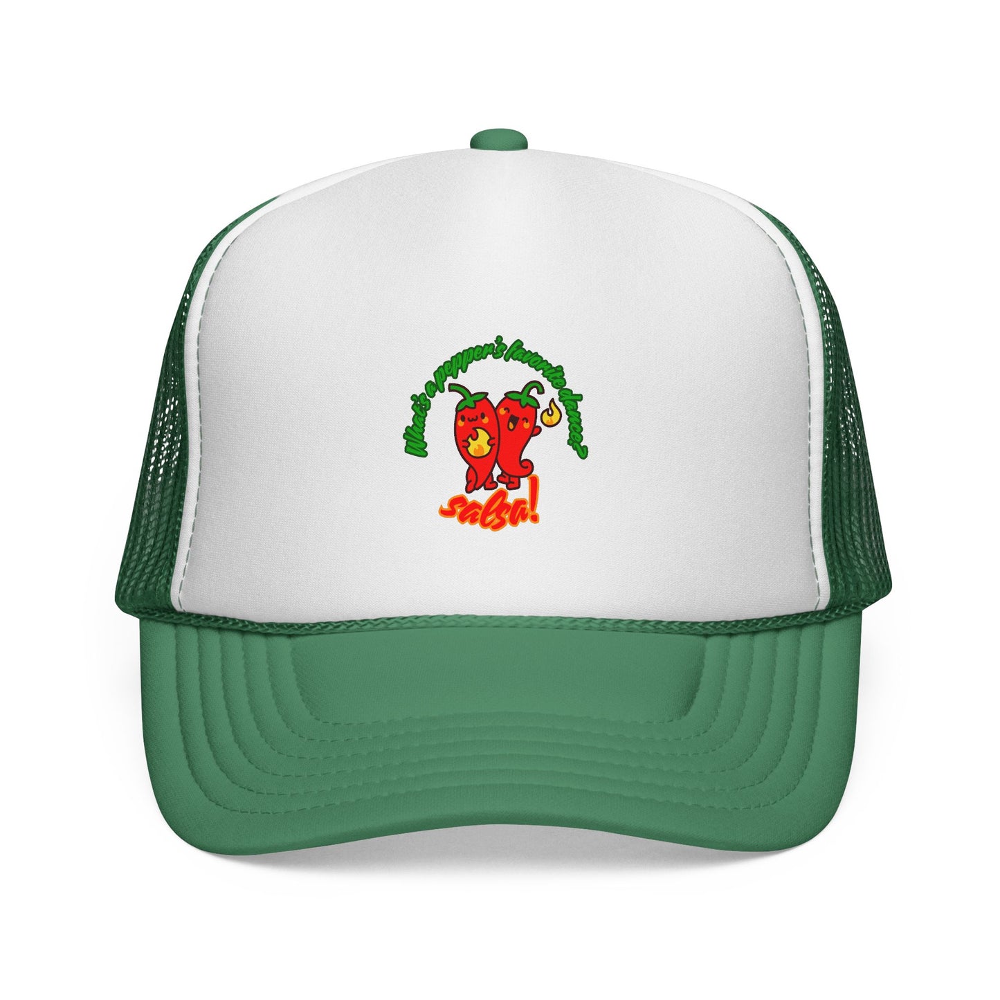 “What’s a Pepper’s Favorite Dance? Salsa!” Funny Unisex Cap with Cute Chili Pepper Graphic, Salsa Dance Trucker Hat – Dance-Themed Hat for Dancers & Foodies