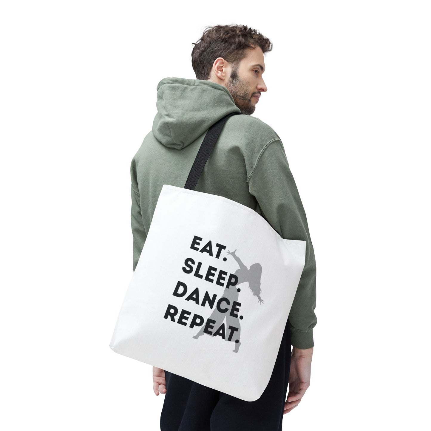 "Eat Sleep Dance Repeat" Canvas Tote Bag – Gray Dancer Silhouette Dance-Themed Reusable Shoulder Bag for Dancers, Studio, or Everyday Use