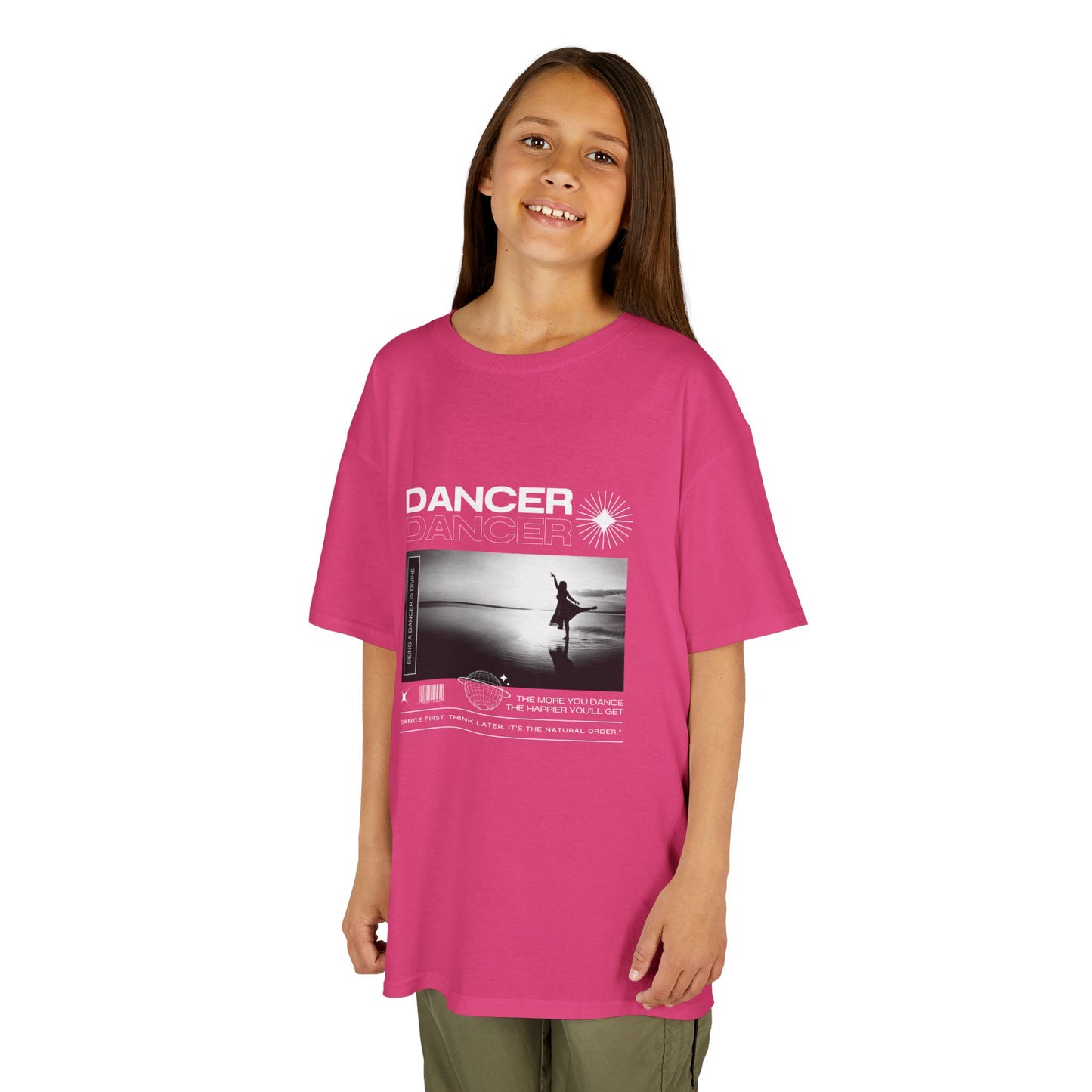 "Dancer" Arabesque on the Beach – Youth Short Sleeve Dance Tee in Streetwear-Inspired Style