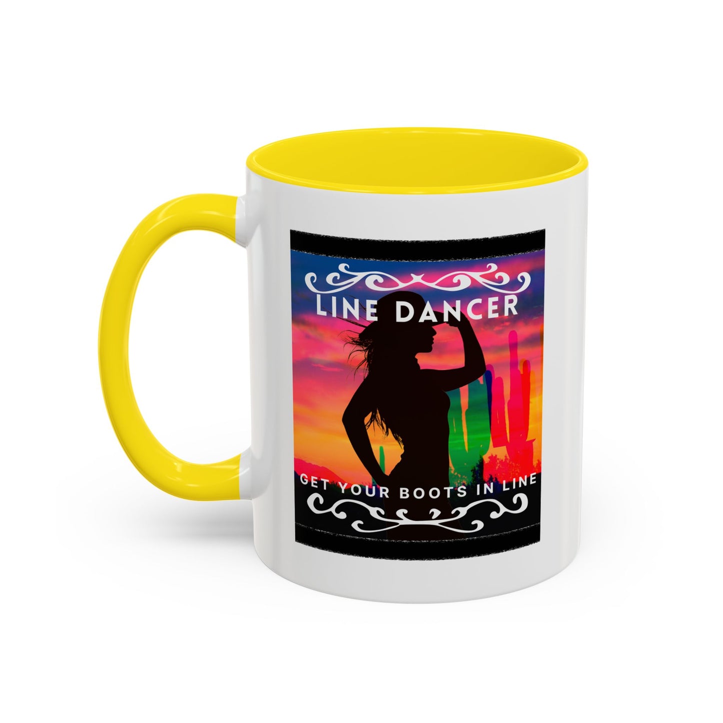 "Line Dancer" Accent Coffee Mug – Cute Cowgirl Graphic Ceramic Mug for Country Dance Lovers