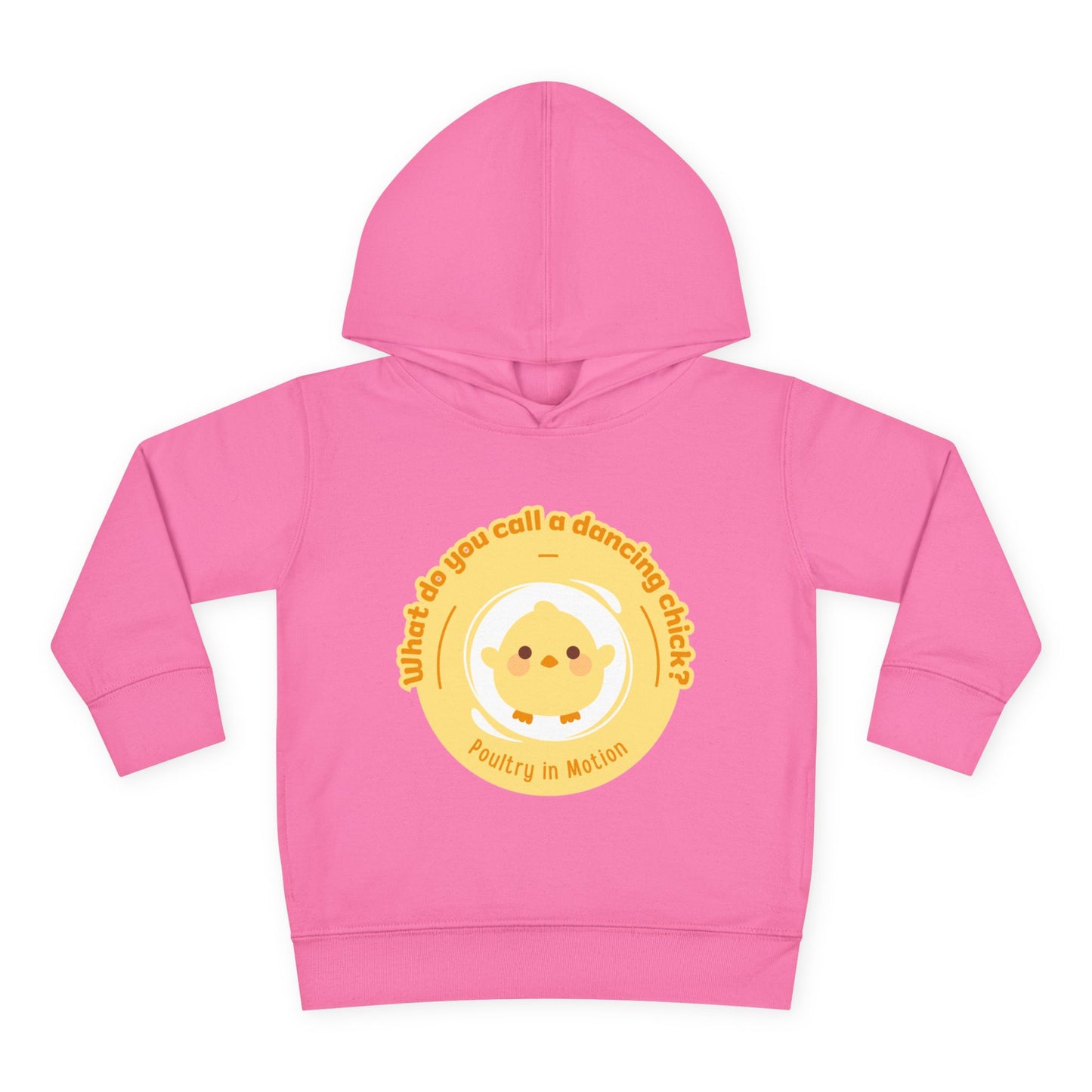 "What do you call a dancing chick? Poultry in Motion." Toddler Pullover Hoodie – Funny Dancing Chicken Pun Graphic Fleece Sweatshirt for Kids
