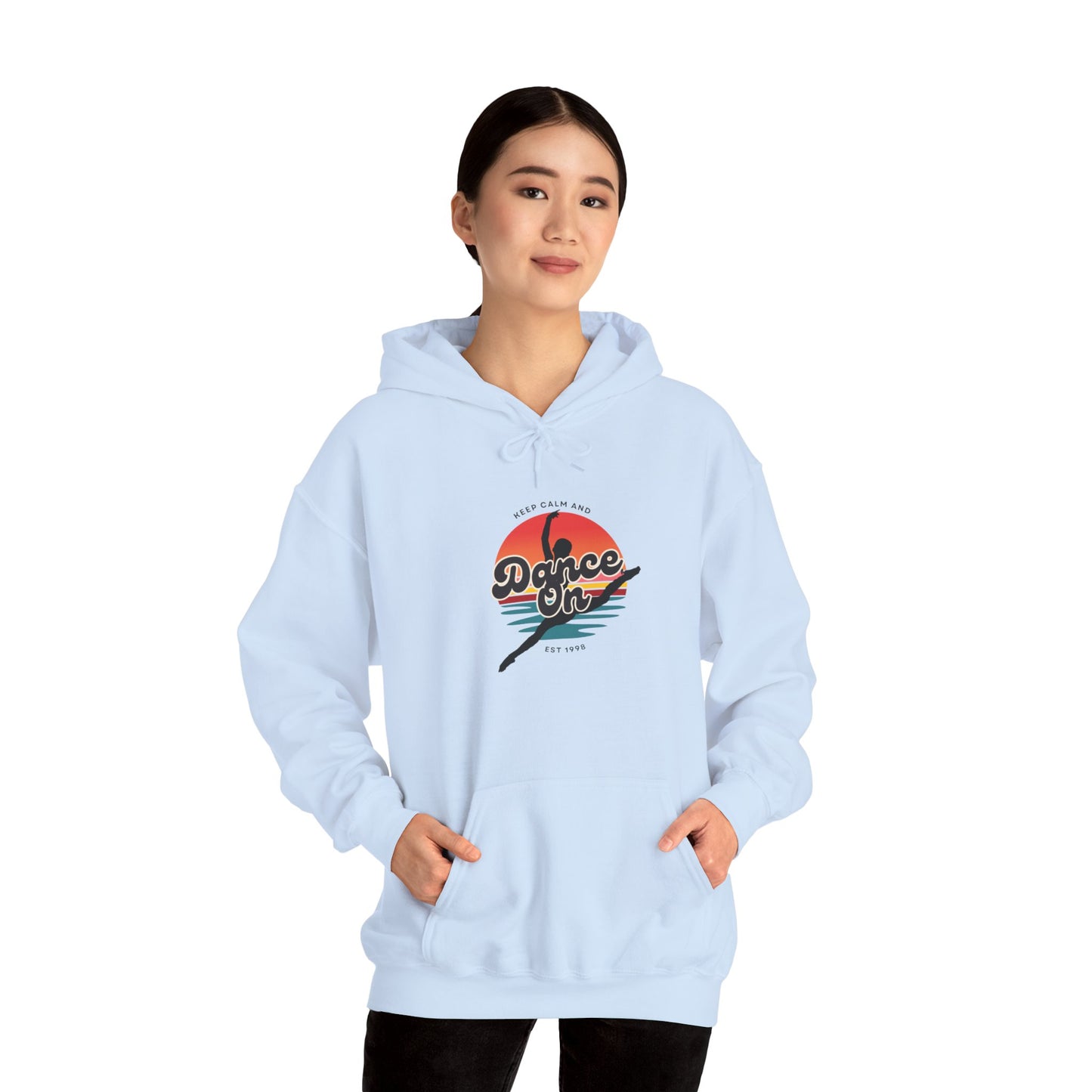 “Keep Calm and Dance On” Retro Hoodie – Unisex Dance-Inspired Hooded Sweatshirt for Dancers & Movement Lovers