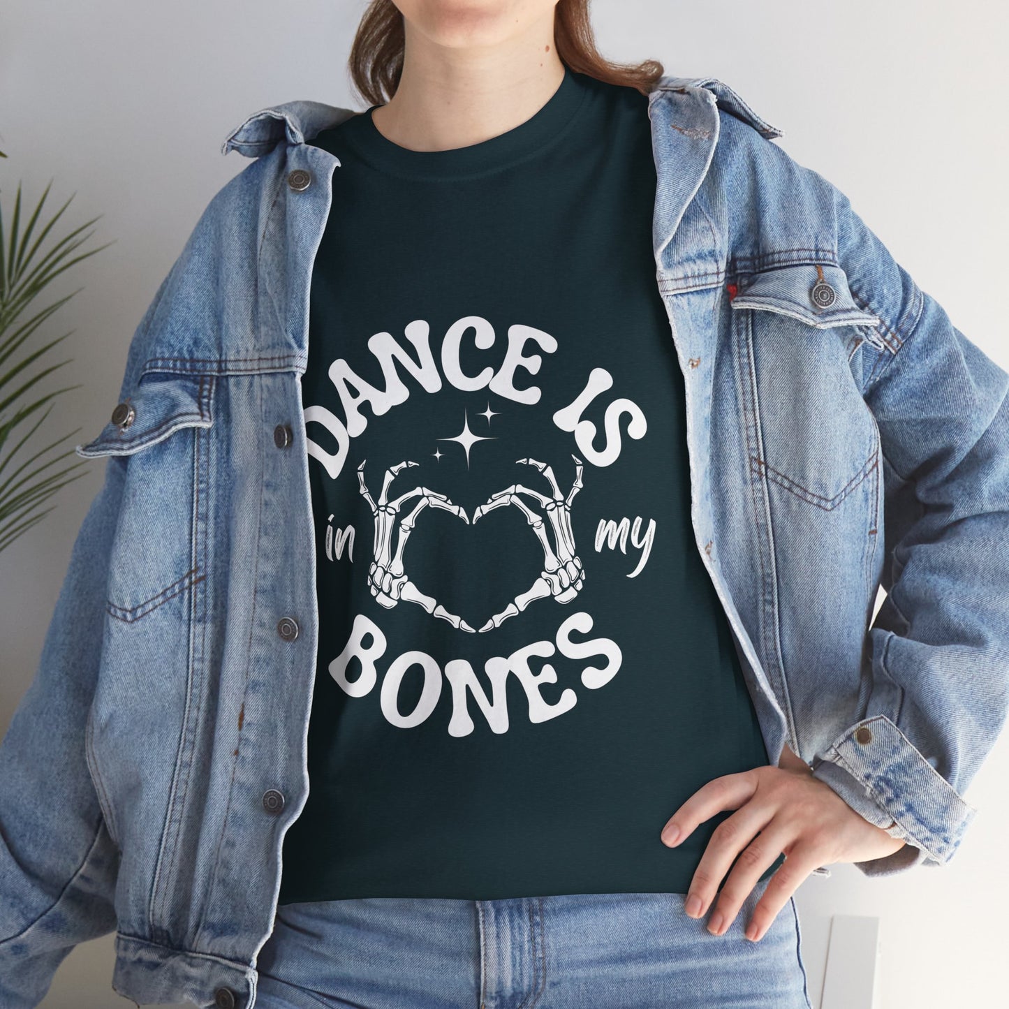 “Dance Is in My Bones” Halloween Dance T-Shirt with Cute Skeleton Heart Graphic - Unisex Heavy Cotton Tee