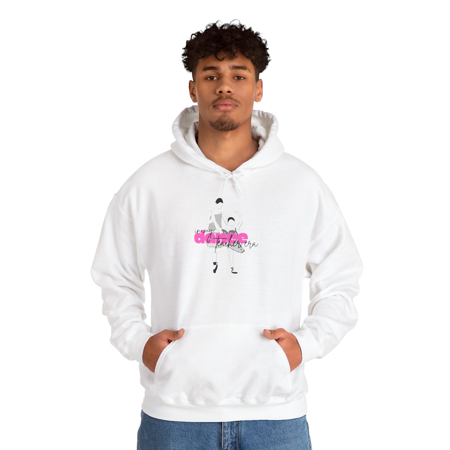 Person wearing a white hoodie with a graphic design on a white background