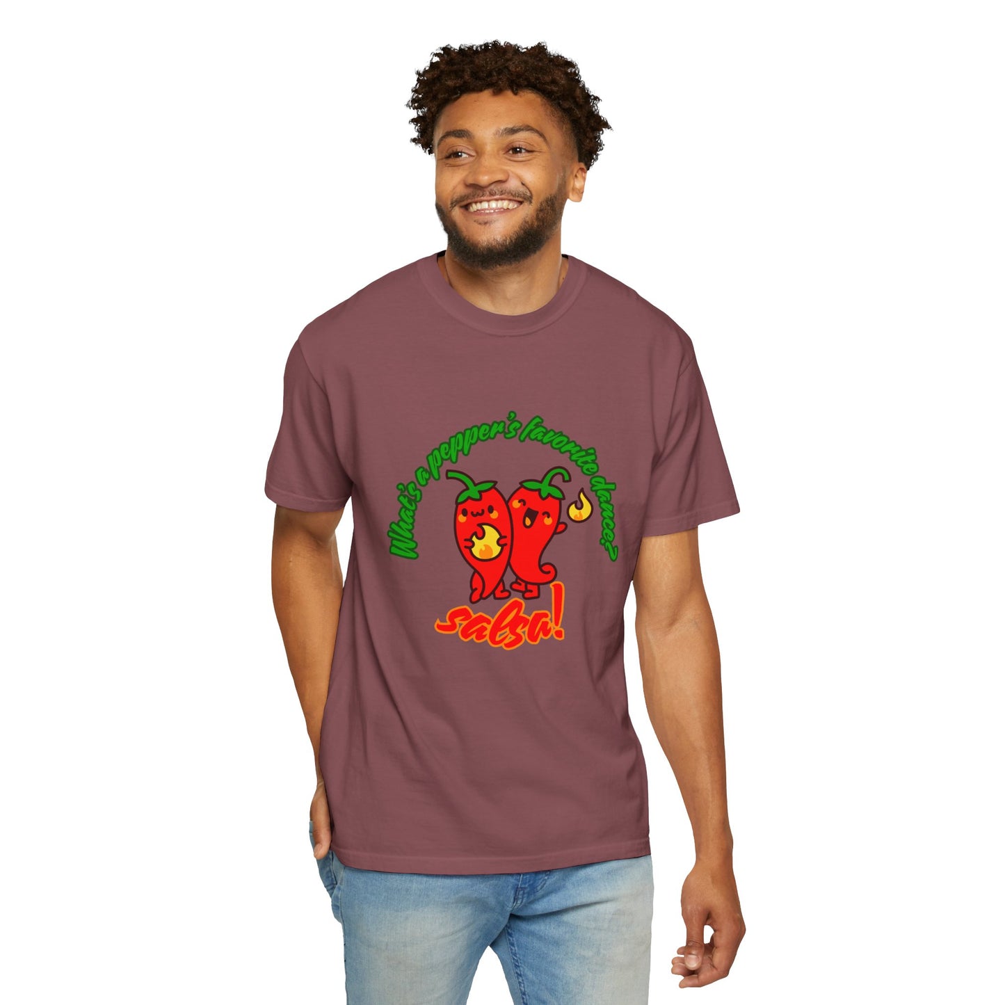 "What's a Pepper's Favorite Dance? Salsa!" Dance Pun Unisex Garment-Dyed T-Shirt – Funny Dance Joke Tee with Cute Pepper Graphic – Dance Humor Shirt for Food & Pun Lovers