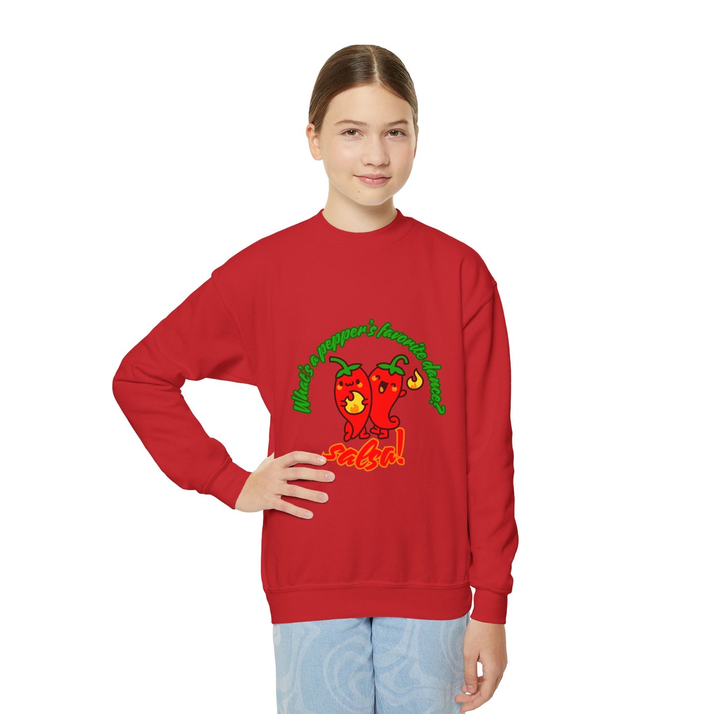 "What's a pepper's favorite dance? Salsa!" – Funny Dance Pun Youth Crewneck Sweatshirt | Cute Pepper Graphic Kids Pullover for Dancers