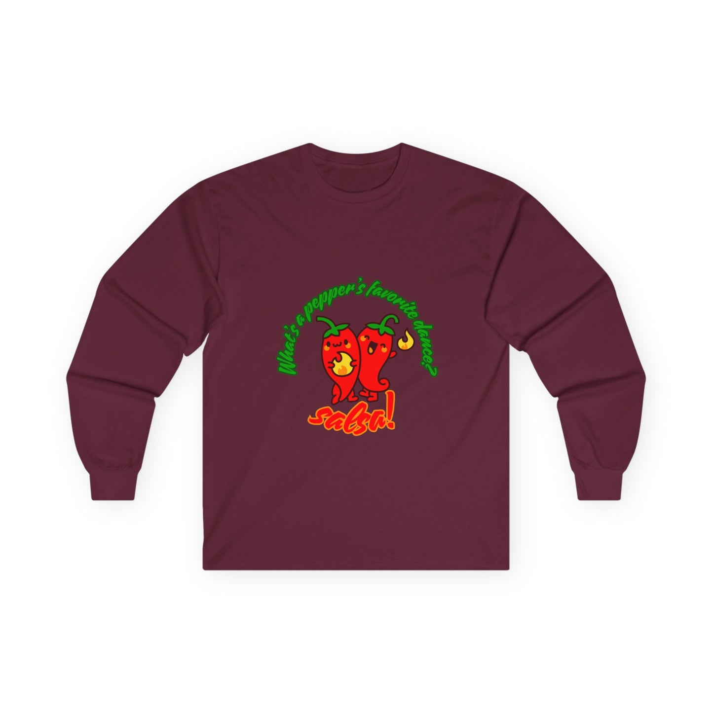 "What’s a Pepper’s Favorite Dance? Salsa!" Unisex Long Sleeve Tee – Funny Dance Pun Shirt with Cute Pepper Graphic for Dancers & Food Lovers