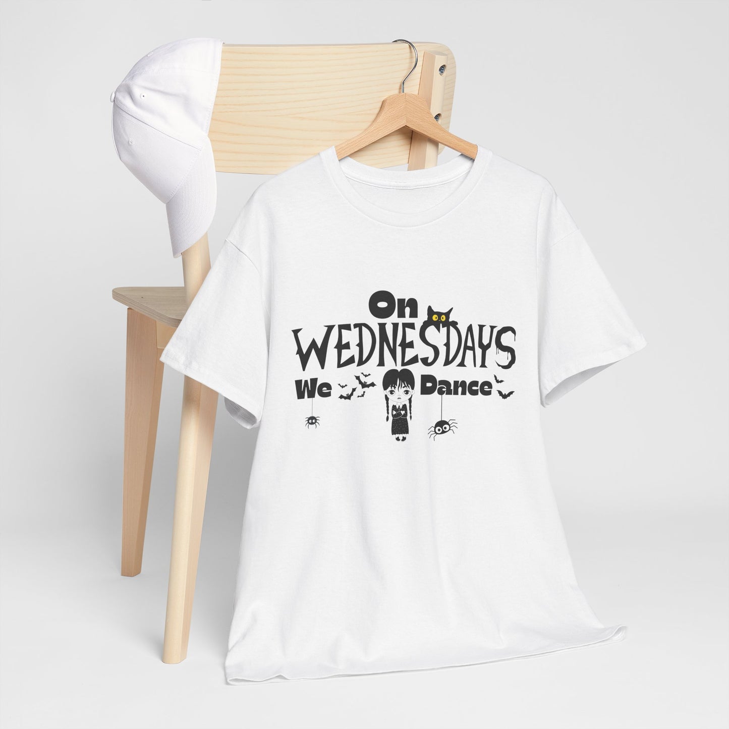 “On Wednesdays We Dance” Gothic Halloween T-Shirt with Cute Girl, Black Cat, Spiders & Bats - Unisex Heavy Cotton Tee