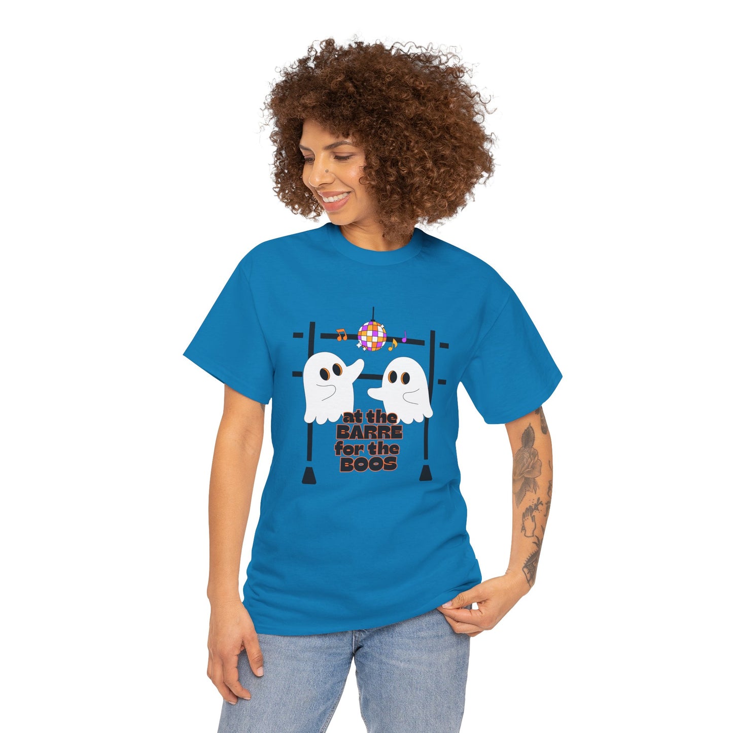 “At the Barre for the Boos” Dance Halloween T-Shirt with Cute Ghost Ballet Graphics - Unisex Heavy Cotton Tee