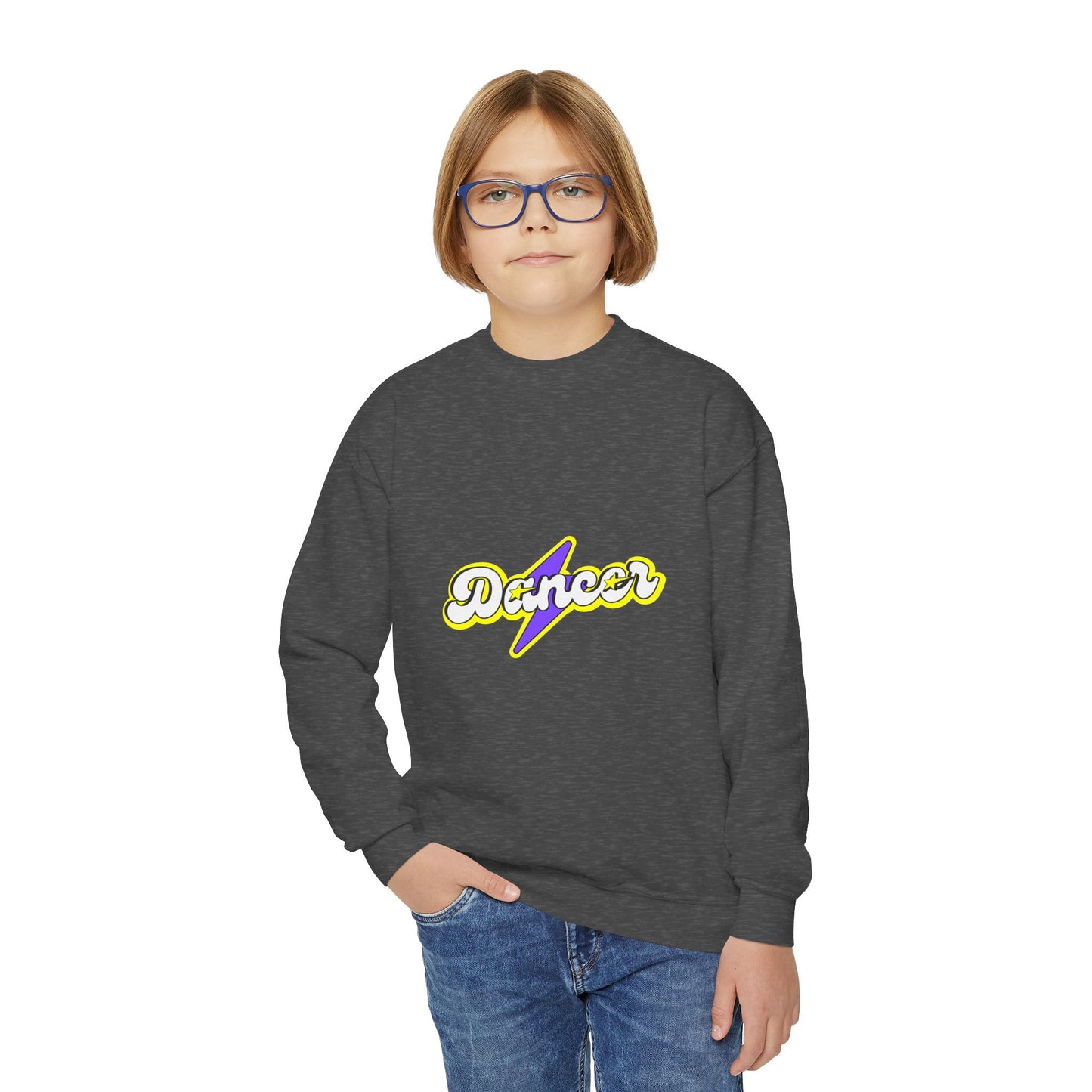 "Dancer" Youth Crewneck Sweatshirt – Superhero-Inspired Dance Graphic Pullover for Kids and Teens