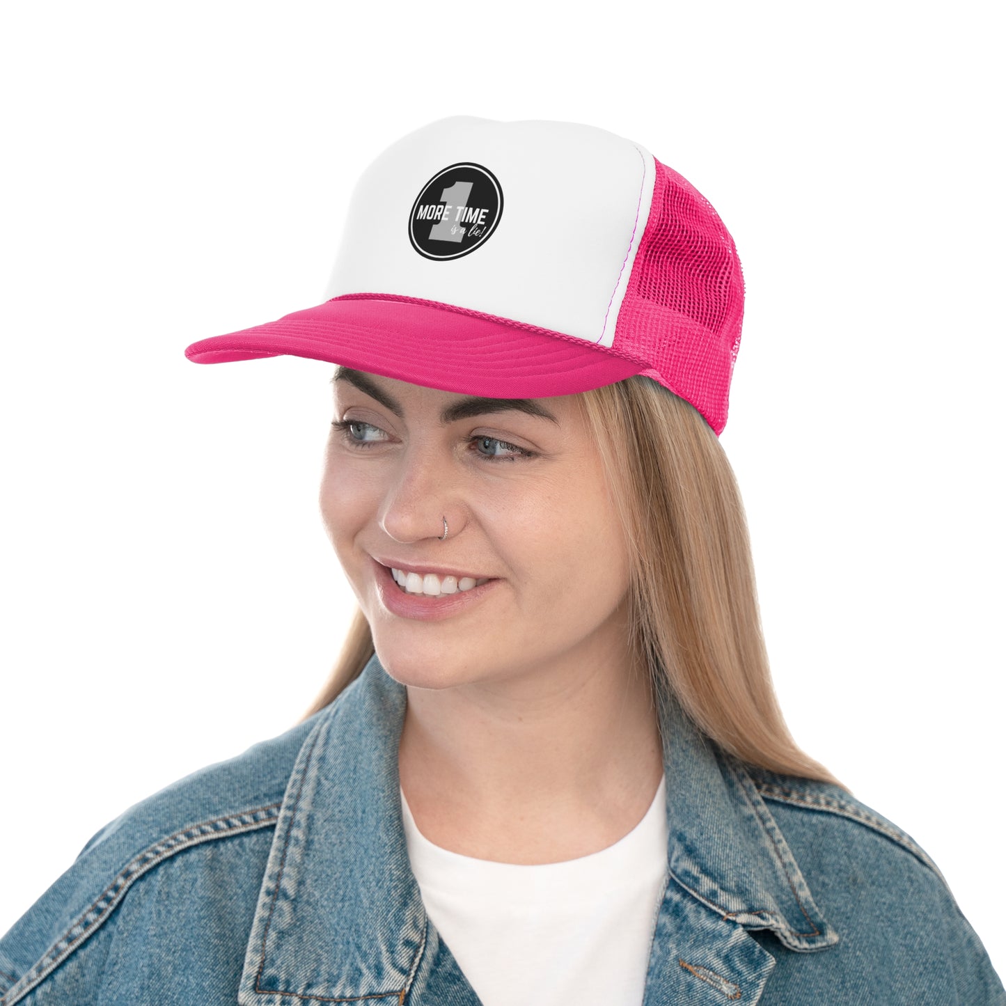 "One More Time is a Lie" Dance Quote Unisex Trucker Hat – Emblem Graphic Cap for Dancers & Dance Moms – Funny Dance Rehearsal Hat