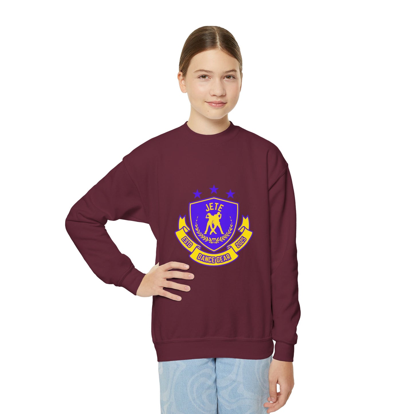 "Jeté Dance Gear" – Collegiate Style Youth Crewneck Sweatshirt | Bold Kids Dance Team Pullover