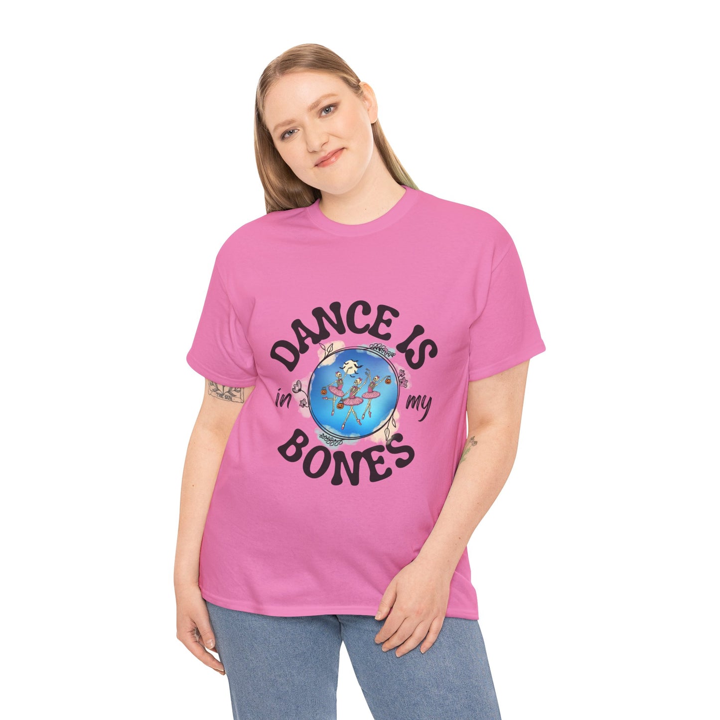 “Dance Is in My Bones” Halloween Dance T-Shirt with Dancing Skeletons Graphic - Unisex Heavy Cotton Tee