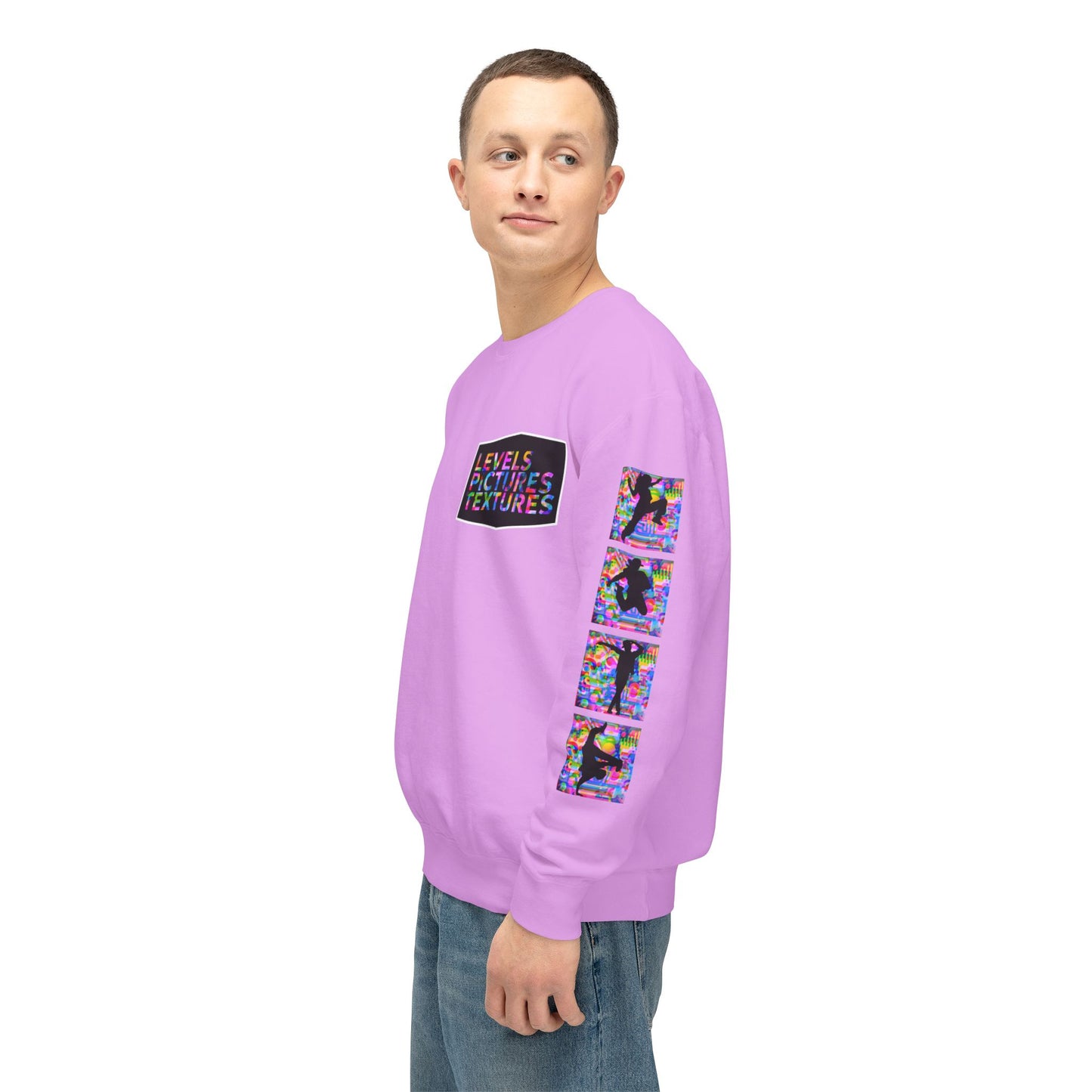 Levels Premium Collection Dance Crewneck Sweatshirt – Vibrant Unisex Streetwear Pullover with "Levels Pictures Textures" Front Text and Dancer Silhouettes on Sleeves