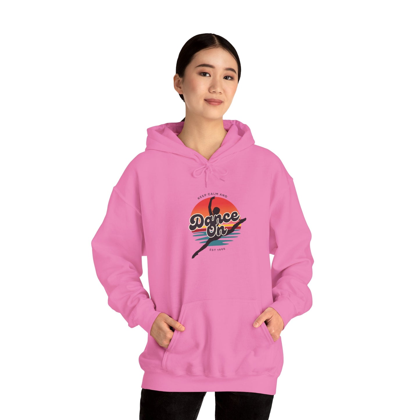 “Keep Calm and Dance On” Retro Hoodie – Unisex Dance-Inspired Hooded Sweatshirt for Dancers & Movement Lovers
