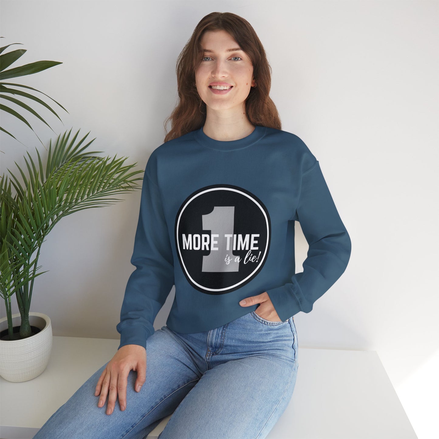 "One More Time Is a Lie." Unisex Heavy Blend Crewneck Sweatshirt – Bold Emblem Graphic Dance Teacher Quote Pullover for Dancers & Studio Life