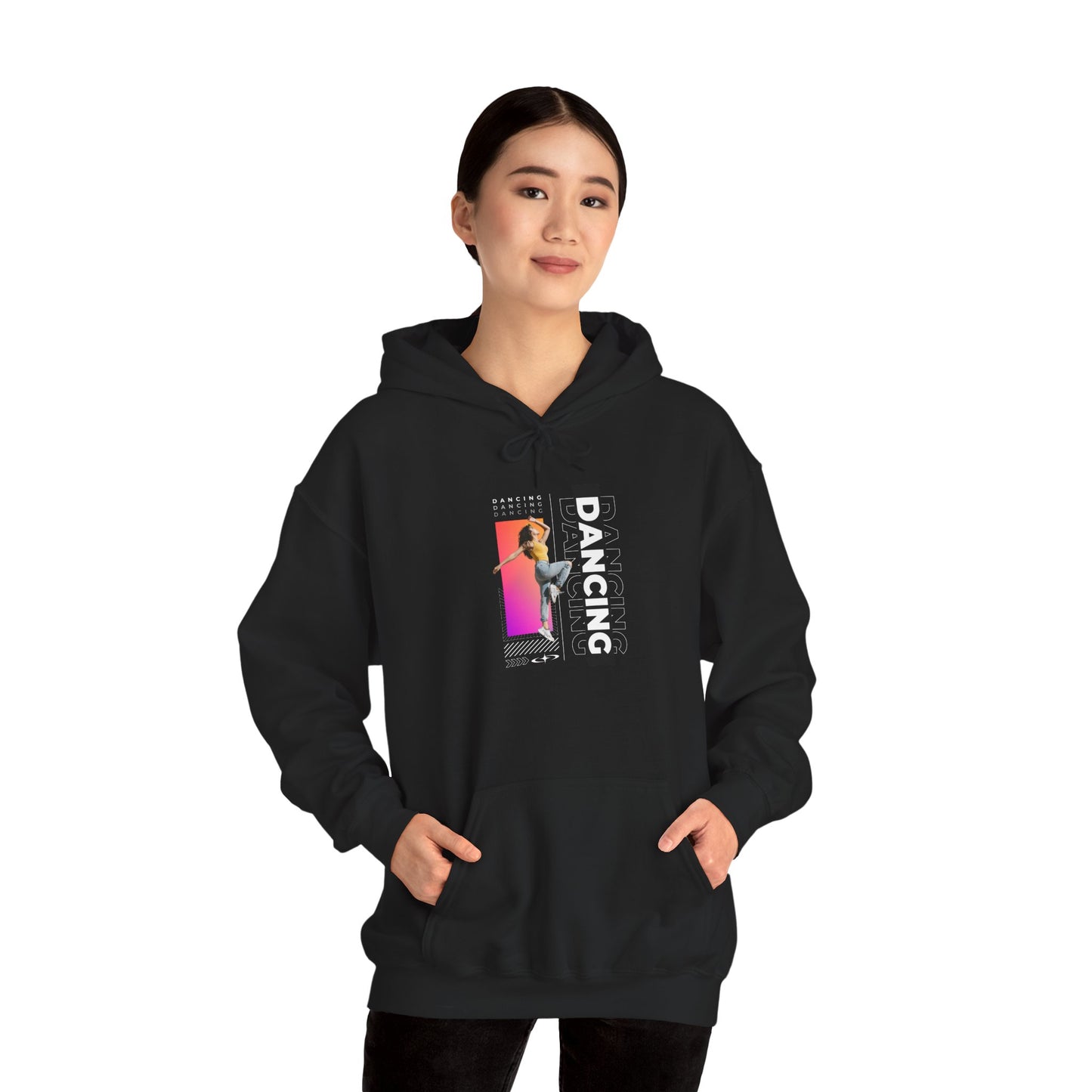 Dancing” Text with Streetwear-Style Female Dancer Graphic - Unisex Heavy Blend™ Hooded Sweatshirt – Cozy Dance Hoodie for Ballet & Hip-Hop Enthusiasts