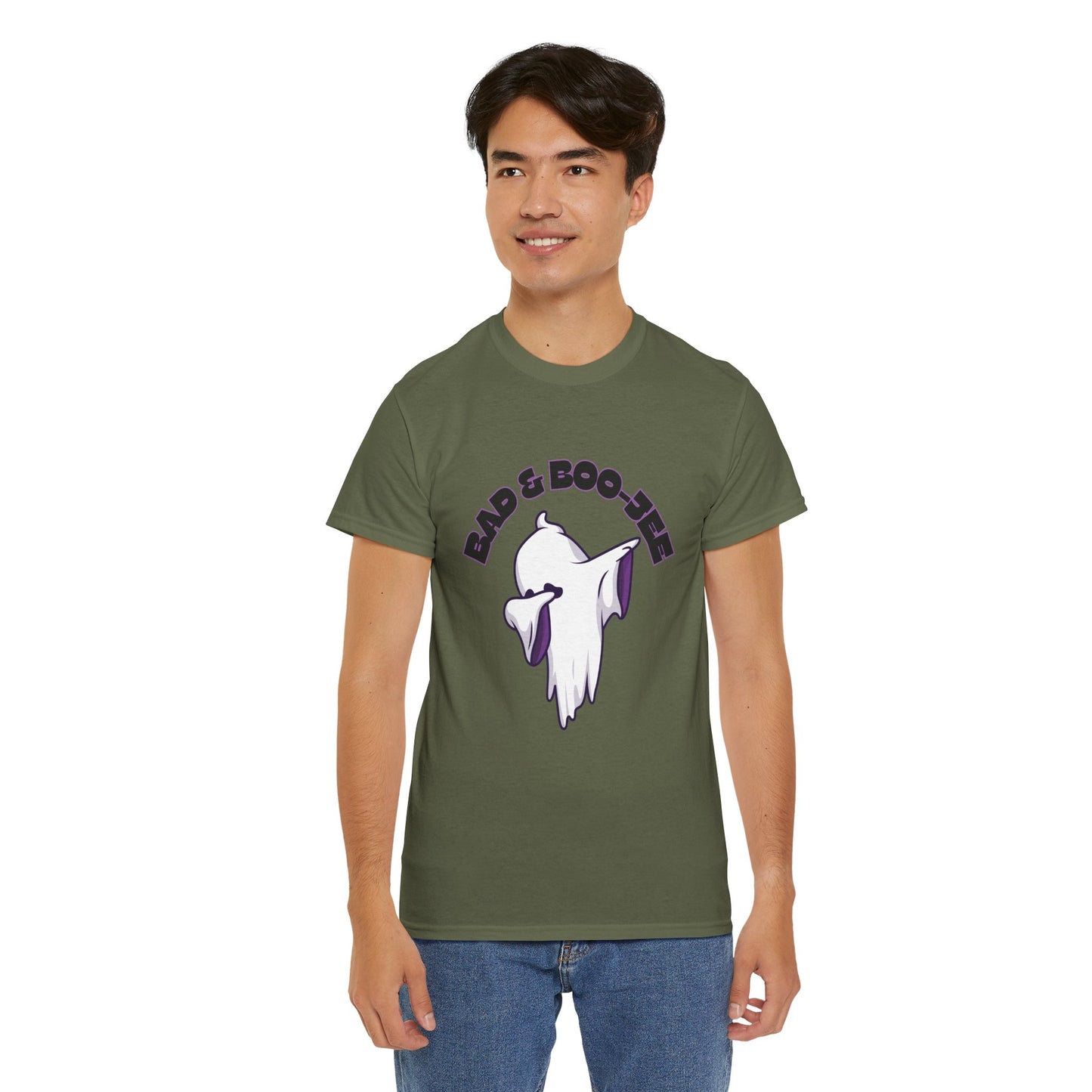 “Bad & Boo-jee” Funny Halloween Dance T-Shirt with Cute Ghost Dab Graphic - Unisex Heavy Cotton Tee