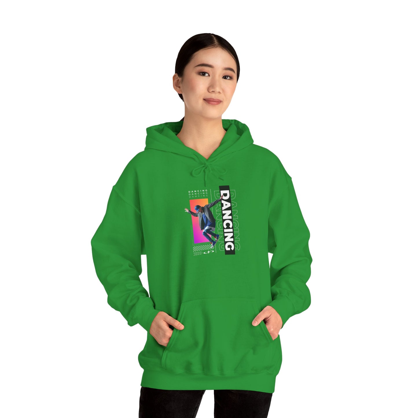 “Dancing” Text with Streetwear-Style Male Dancer Graphic – Unisex Heavy Blend™ Hooded Sweatshirt – Cozy Dance Hoodie for Performers & Dance Enthusiasts