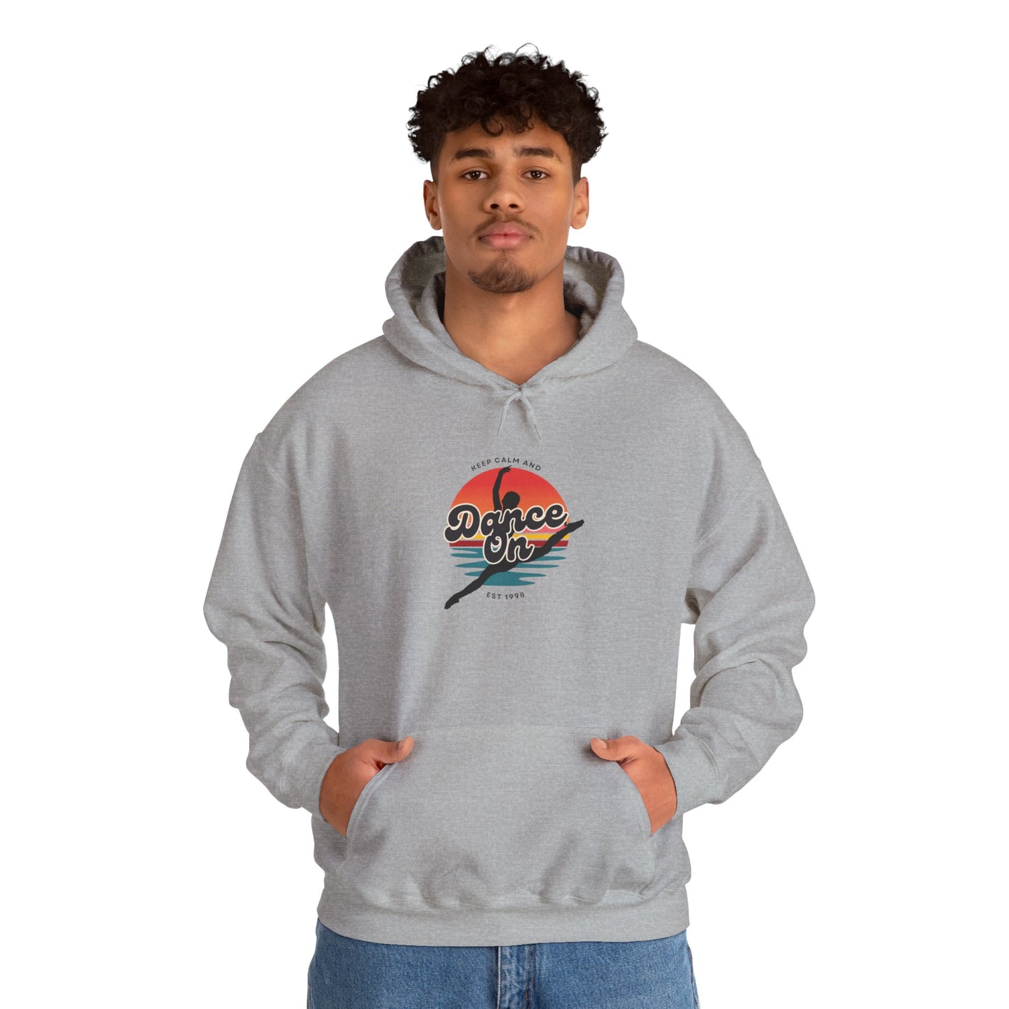 “Keep Calm and Dance On” Retro Hoodie – Unisex Dance-Inspired Hooded Sweatshirt for Dancers & Movement Lovers