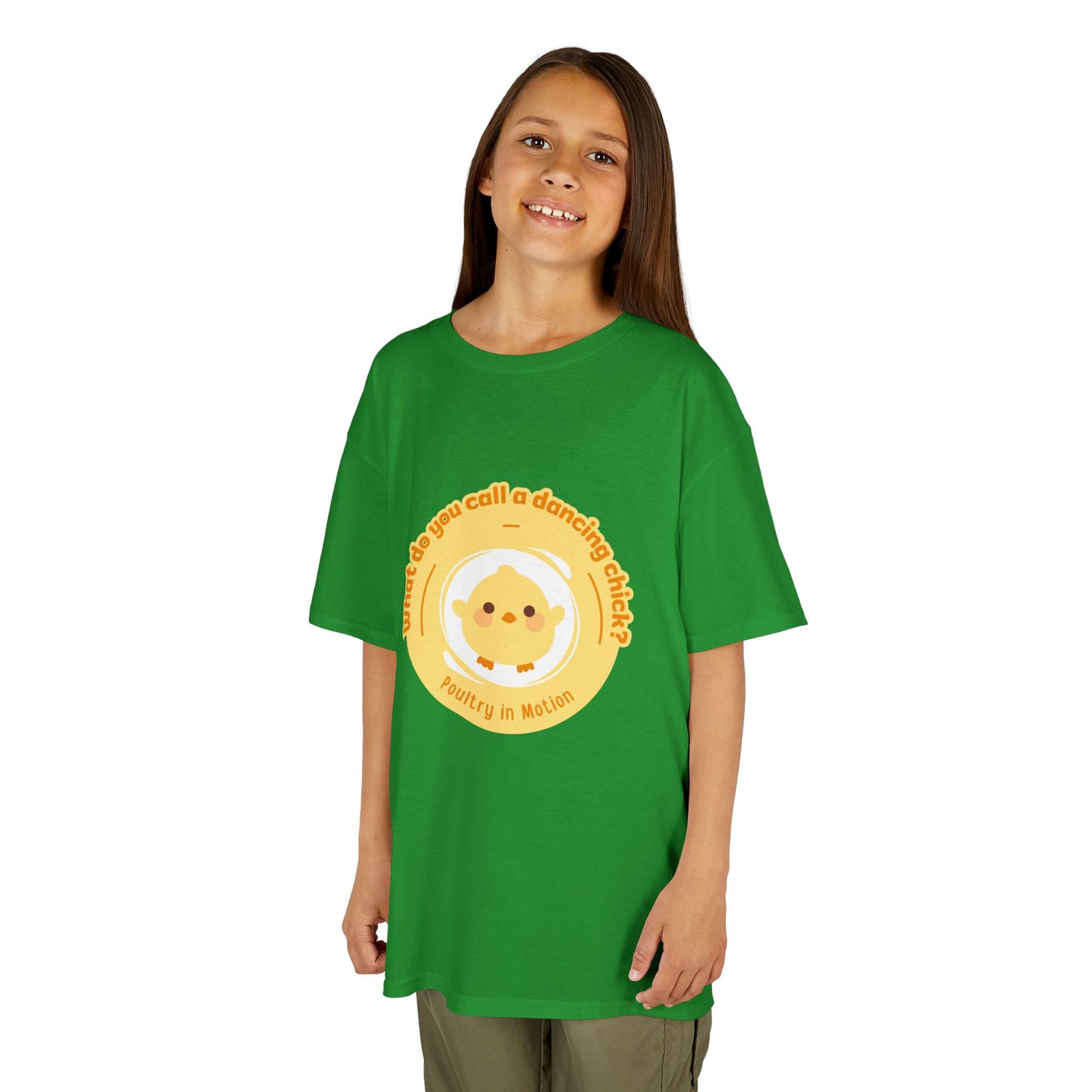 “What do you call a dancing chick? Poultry in Motion” Funny Chick Dance Tee for Kids – Cute Chicken Graphic - Youth Dance Pun T-Shirt