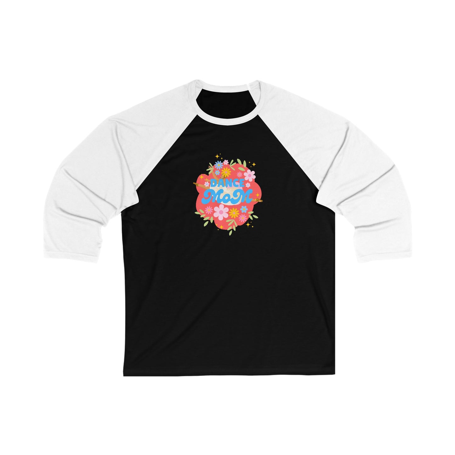 "Dance Mom" Unisex 3/4 Sleeve Baseball Tee – Bold Floral Dancer Graphic Front & Superhero Role List Back | Dance Parent Shirt for Performances and Competitions