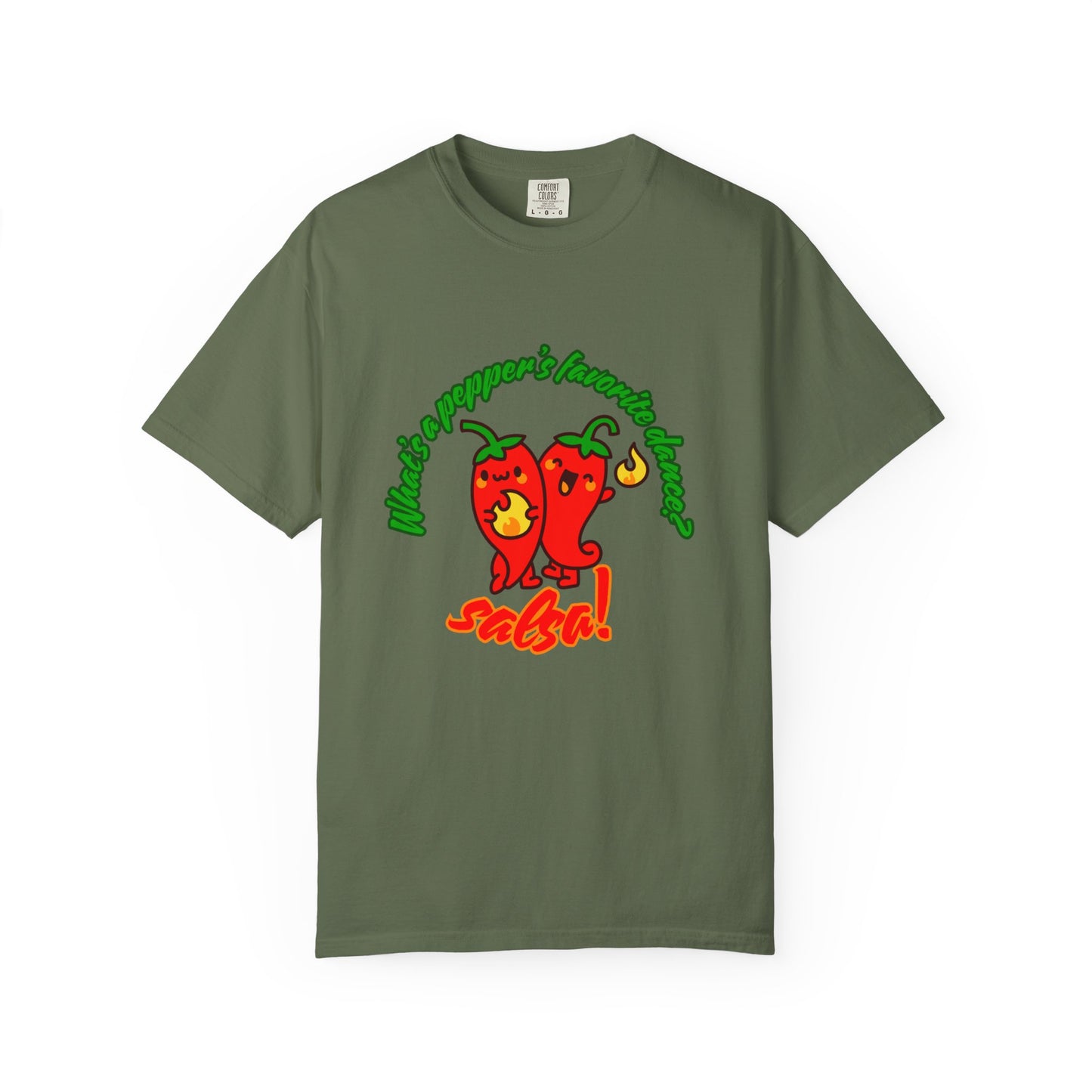 "What's a Pepper's Favorite Dance? Salsa!" Dance Pun Unisex Garment-Dyed T-Shirt – Funny Dance Joke Tee with Cute Pepper Graphic – Dance Humor Shirt for Food & Pun Lovers