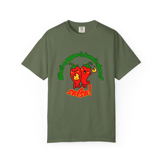 "What's a Pepper's Favorite Dance? Salsa!" Dance Pun Unisex Garment-Dyed T-Shirt – Funny Dance Joke Tee with Cute Pepper Graphic – Dance Humor Shirt for Food & Pun Lovers