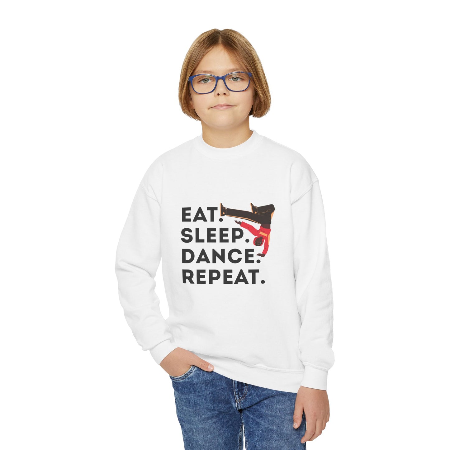 "Eat Sleep Dance Repeat" – Bold B-Boy Graphic Youth Crewneck Sweatshirt | Hip Hop Dance Kids Pullover