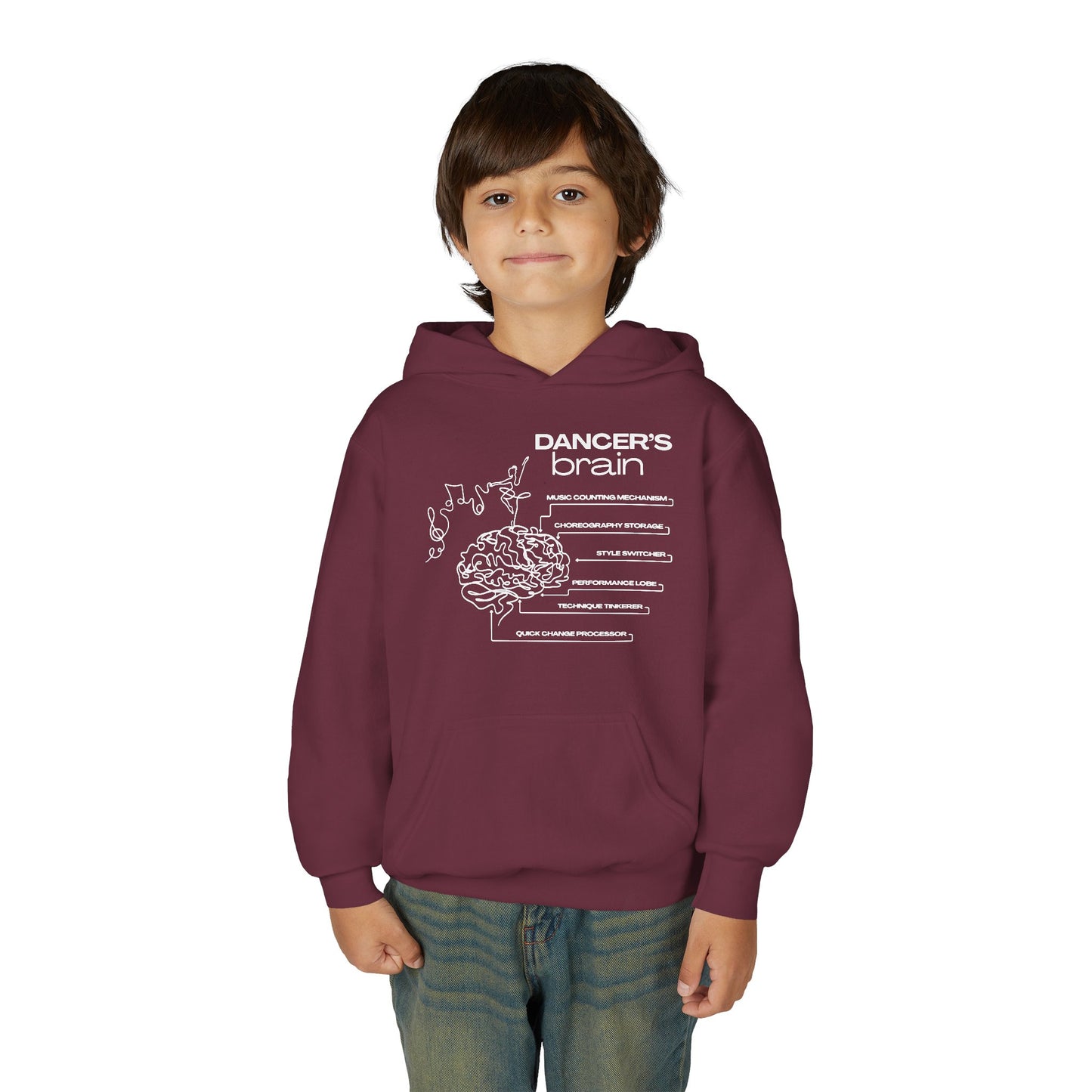 “Dancer’s Brain” Unisex Youth Hoodie with Funny Dance Brain Graphic – Personalized Dance Hoodie for Kids & Teens, Custom Name or Studio Option