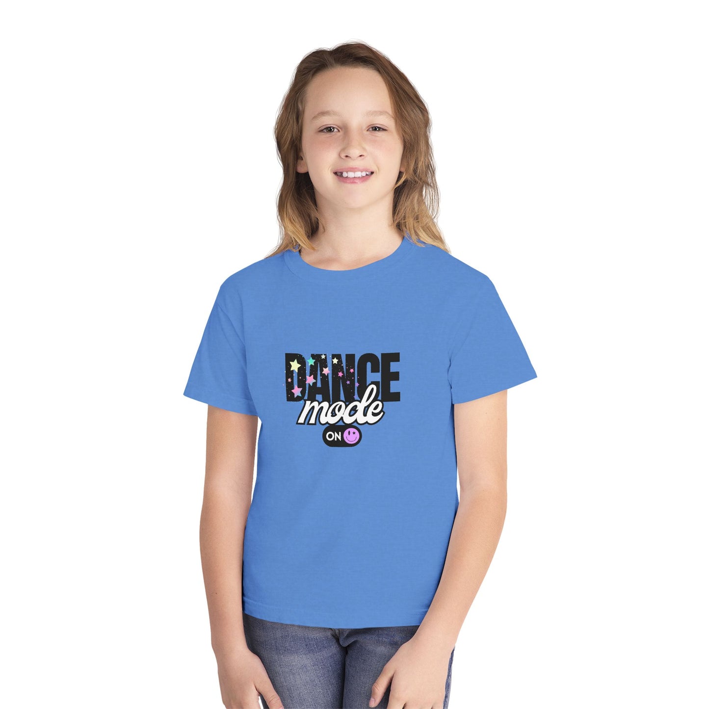 “Dance Mode On" Comfort Colors Youth Midweight T-Shirt – Pastel Stars & Smiley Face Dance Graphic Tee for Kids