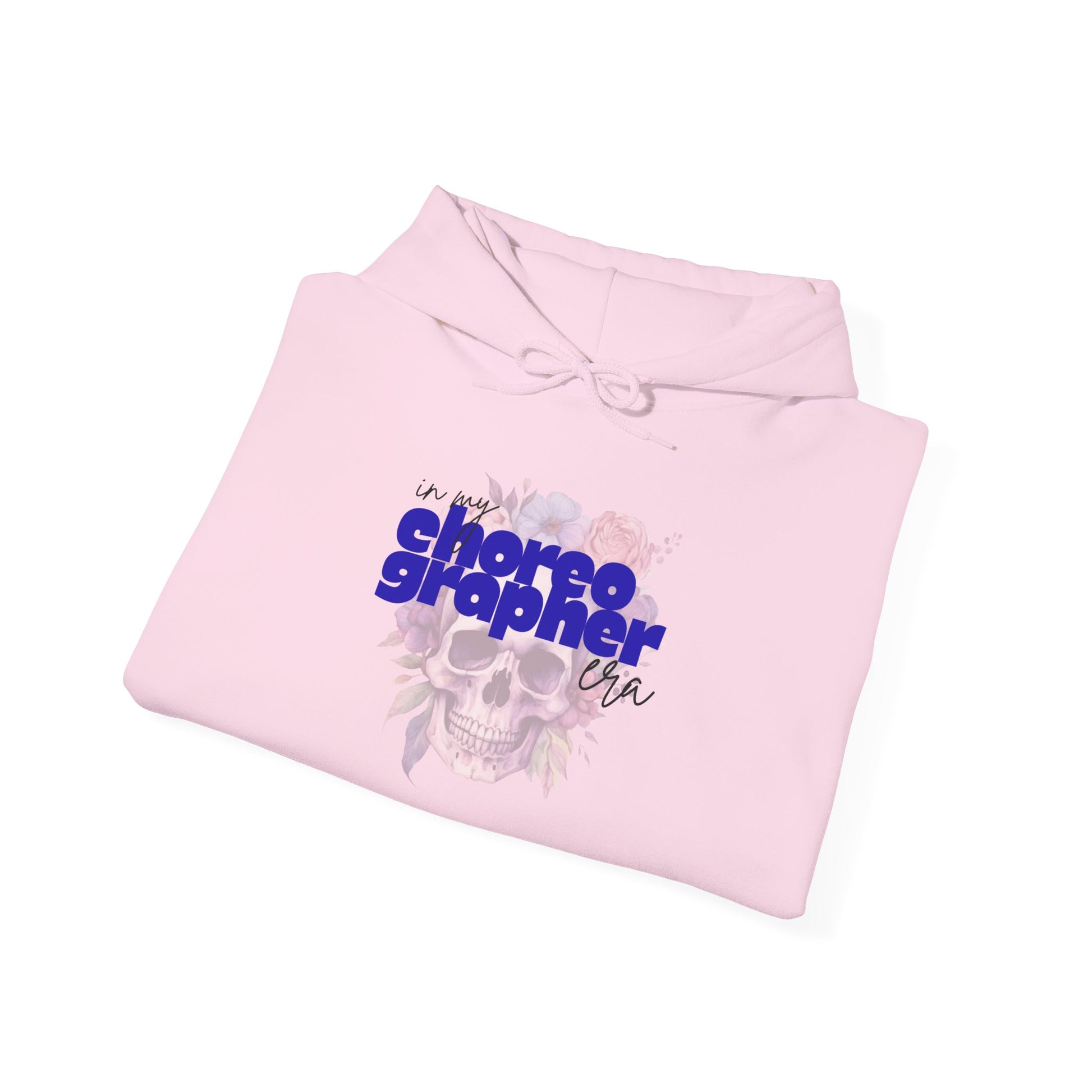 Pink hoodie with 'in my choreographer era' text and floral design on a white background