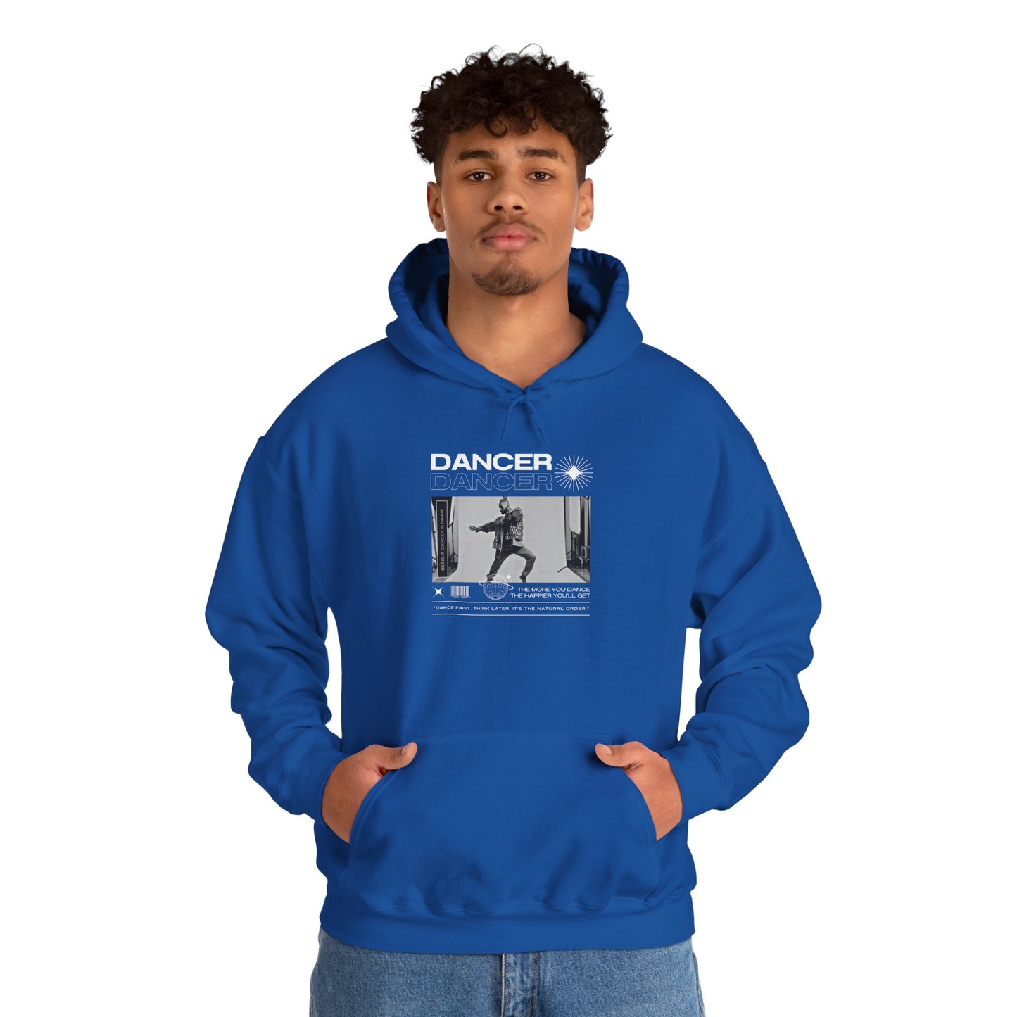 “Dancer” Text with Jazz-Inspired Streetwear-Style Pose Graphic – Unisex Heavy Blend™ Hooded Sweatshirt – Cozy Dance Hoodie for Jazz Dancers & Performing Arts Lovers "