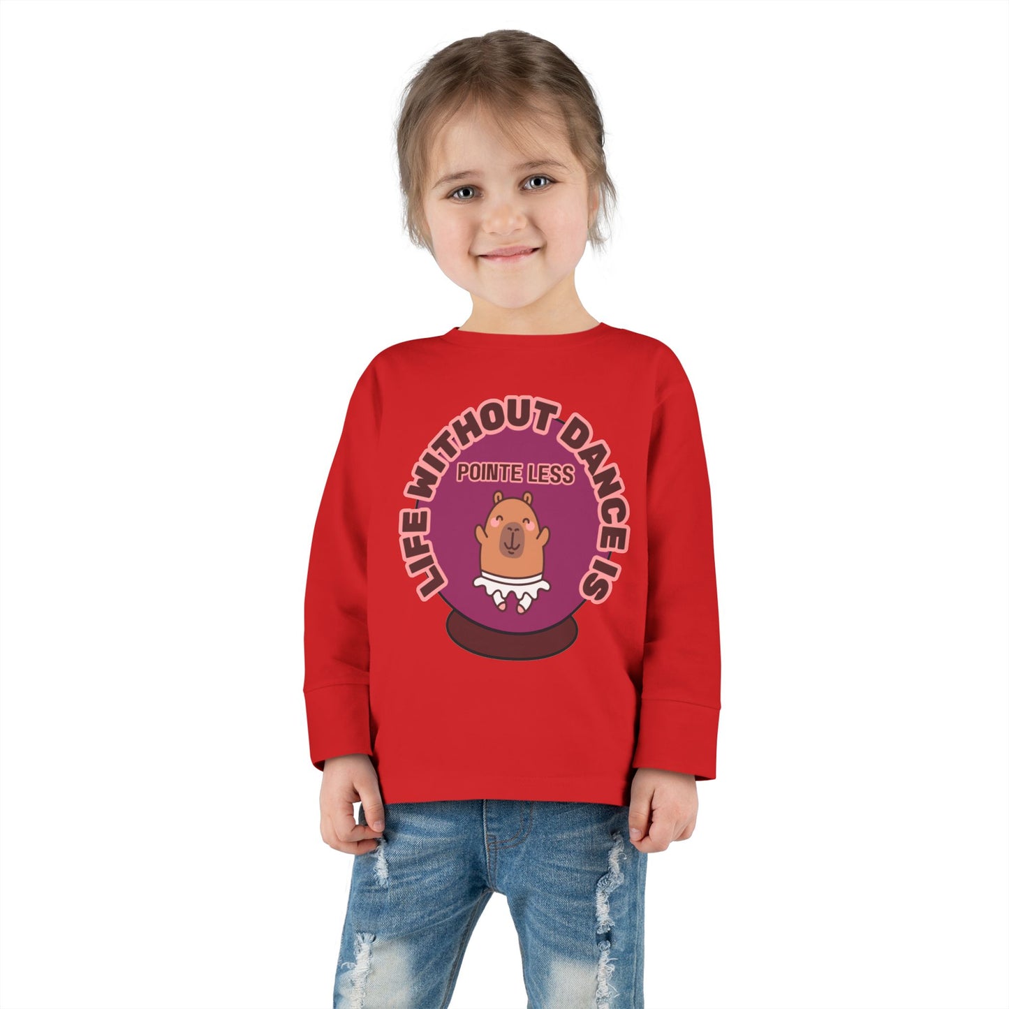 "Life Without Dance Is Pointeless" Toddler Dance T-Shirt – Cute Dancing Capybara Graphic Long Sleeve Tee for Kids