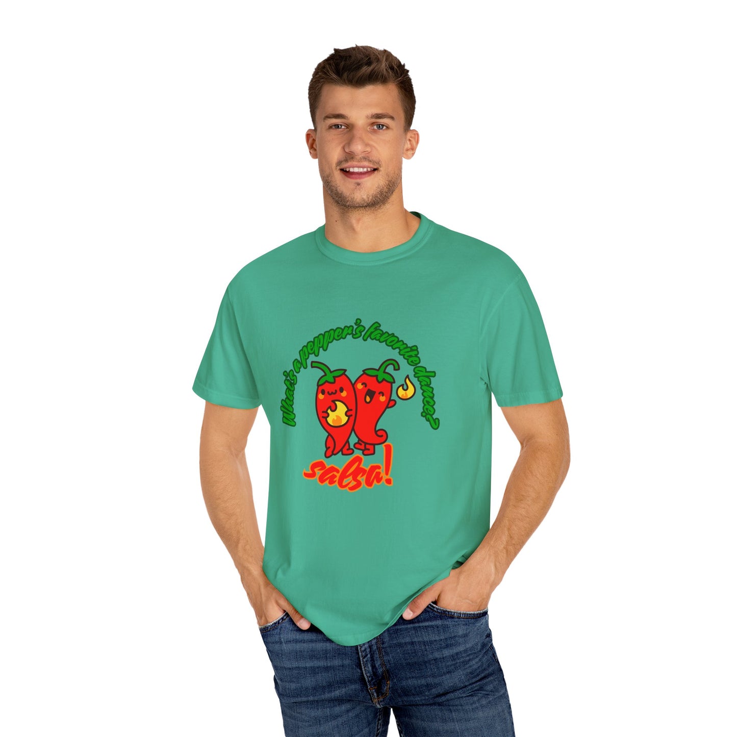 "What's a Pepper's Favorite Dance? Salsa!" Dance Pun Unisex Garment-Dyed T-Shirt – Funny Dance Joke Tee with Cute Pepper Graphic – Dance Humor Shirt for Food & Pun Lovers