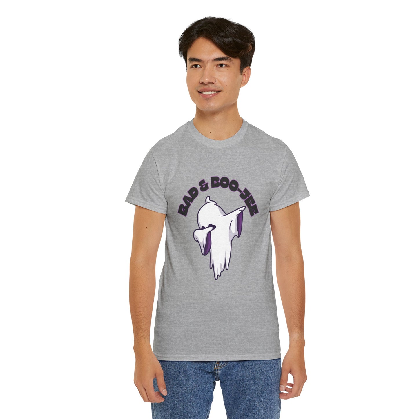 “Bad & Boo-jee” Funny Halloween Dance T-Shirt with Cute Ghost Dab Graphic - Unisex Heavy Cotton Tee