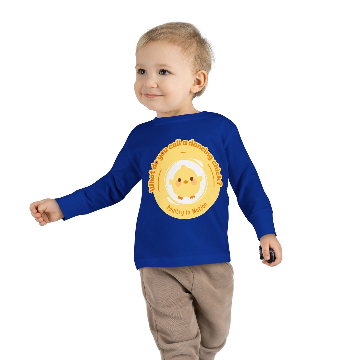 "What Do You Call a Dancing Chick? Poultry in Motion" Toddler Dance T-Shirt – Cute Chicken Graphic Long Sleeve Tee for Kids