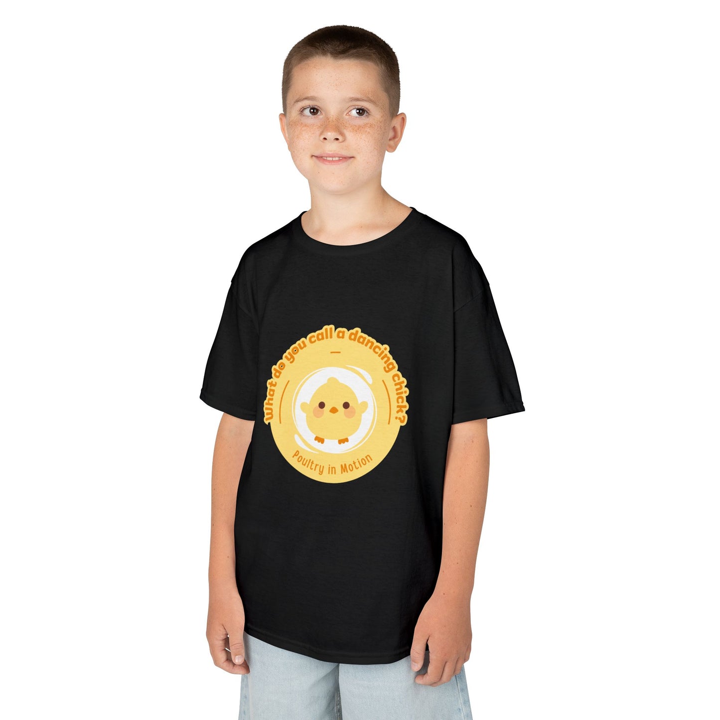 “What do you call a dancing chick? Poultry in Motion” Funny Chick Dance Tee for Kids – Cute Chicken Graphic - Youth Dance Pun T-Shirt