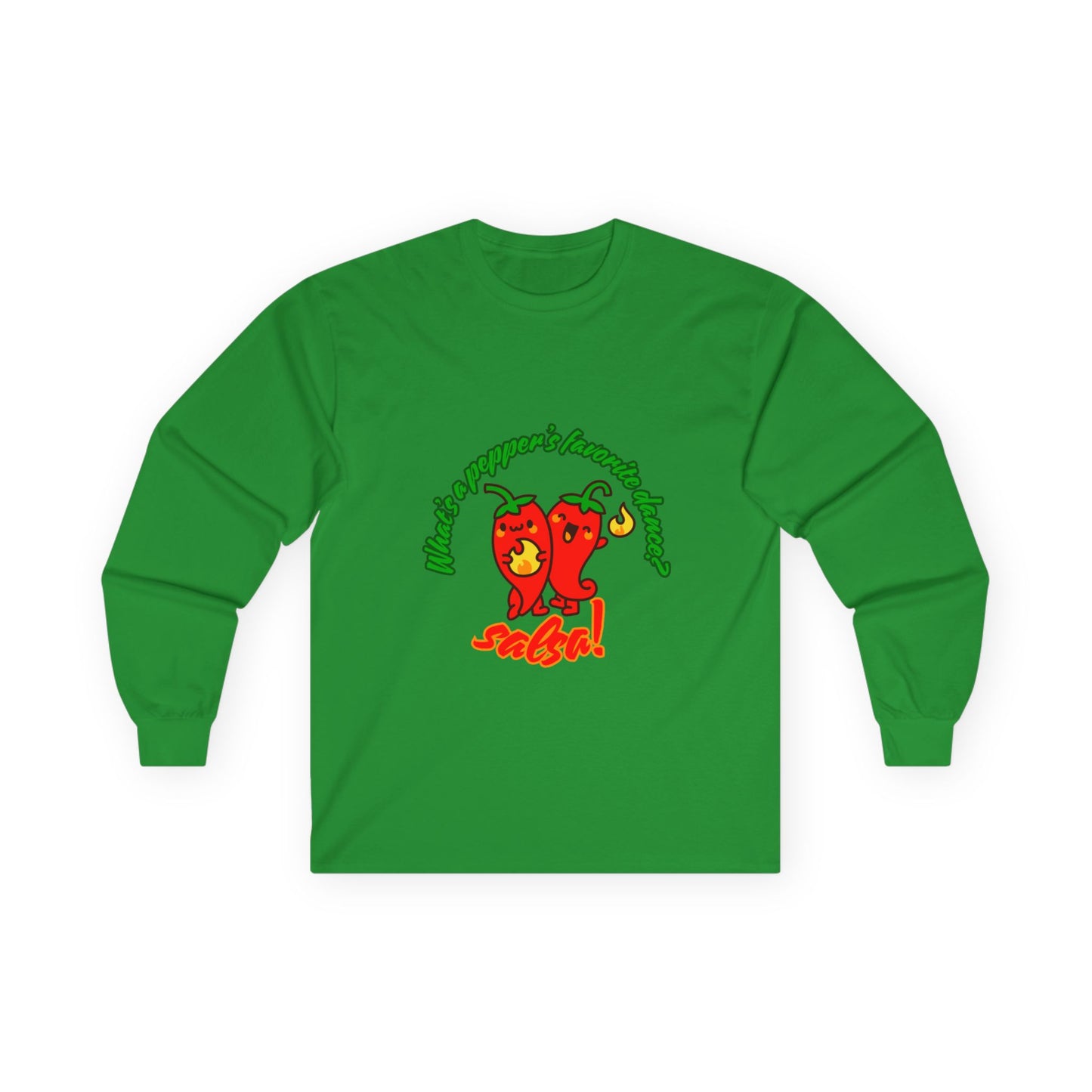 "What’s a Pepper’s Favorite Dance? Salsa!" Unisex Long Sleeve Tee – Funny Dance Pun Shirt with Cute Pepper Graphic for Dancers & Food Lovers