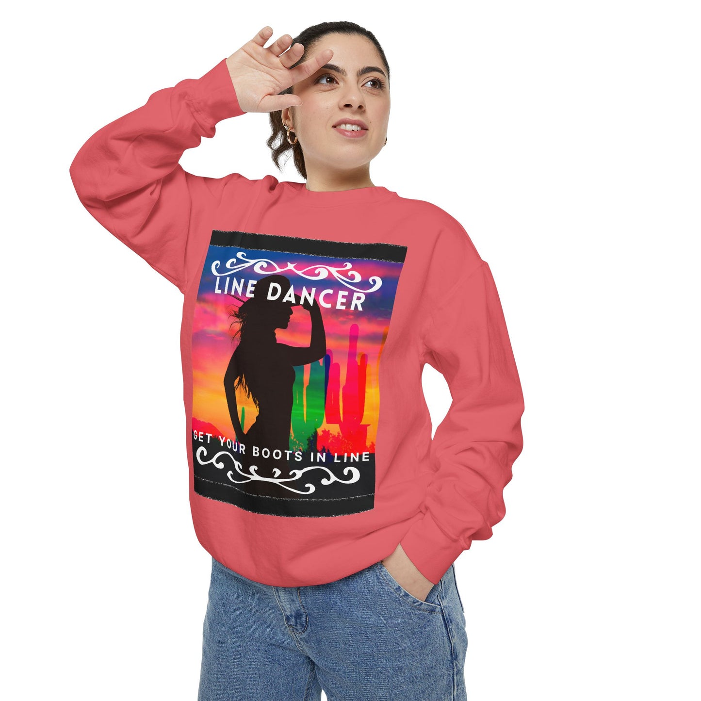"Line Dancer, Get Your Boots in Line" Unisex Lightweight Crewneck Sweatshirt – Western Dance Graphic Pullover for Country Music & Boot Scootin’ Fans