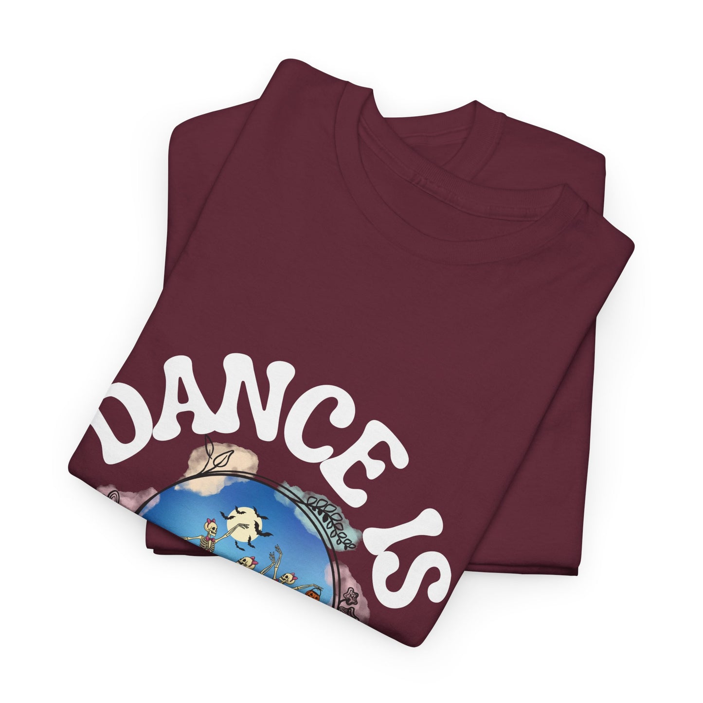 “Dance Is in My Bones” Halloween Dance T-Shirt with Dancing Skeletons Graphic - Unisex Heavy Cotton Tee