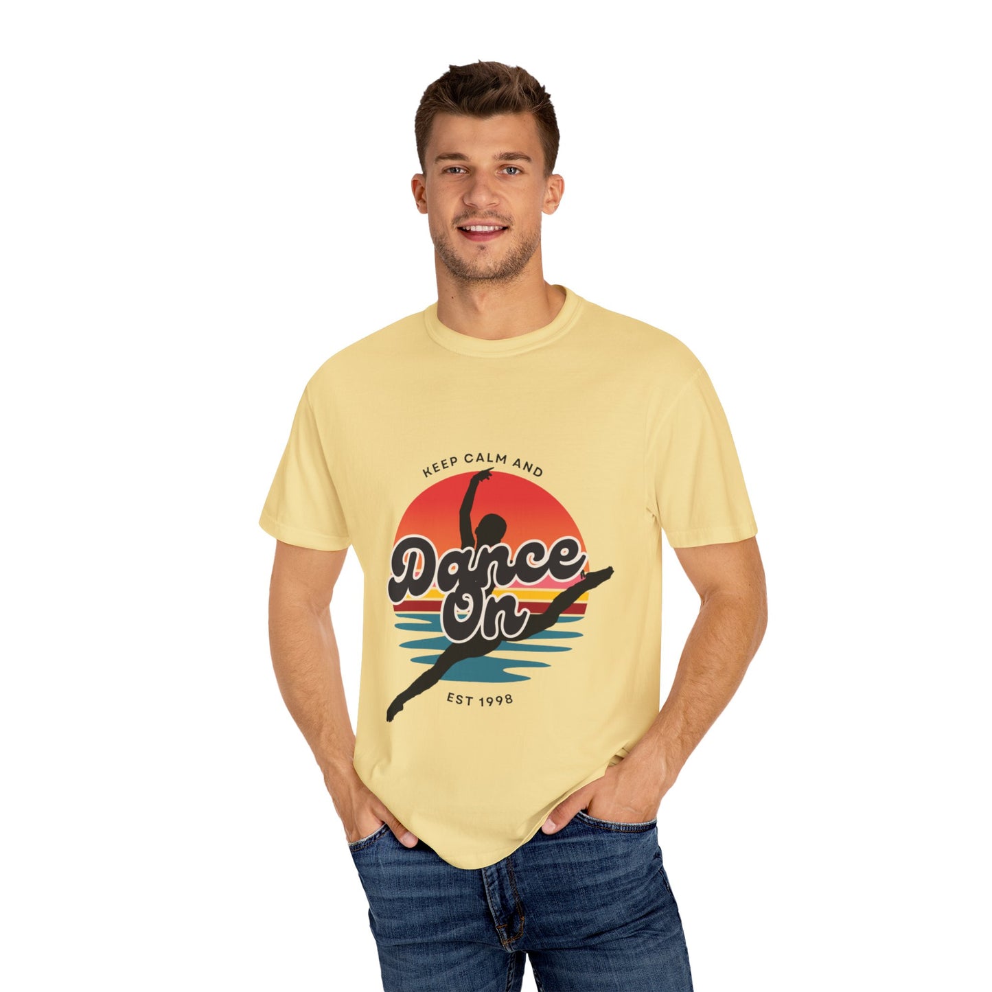 "Keep Calm and Dance On" Unisex Garment-Dyed T-Shirt – Retro Dance Graphic Tee – Vintage-Inspired Comfort Shirt for Dancers