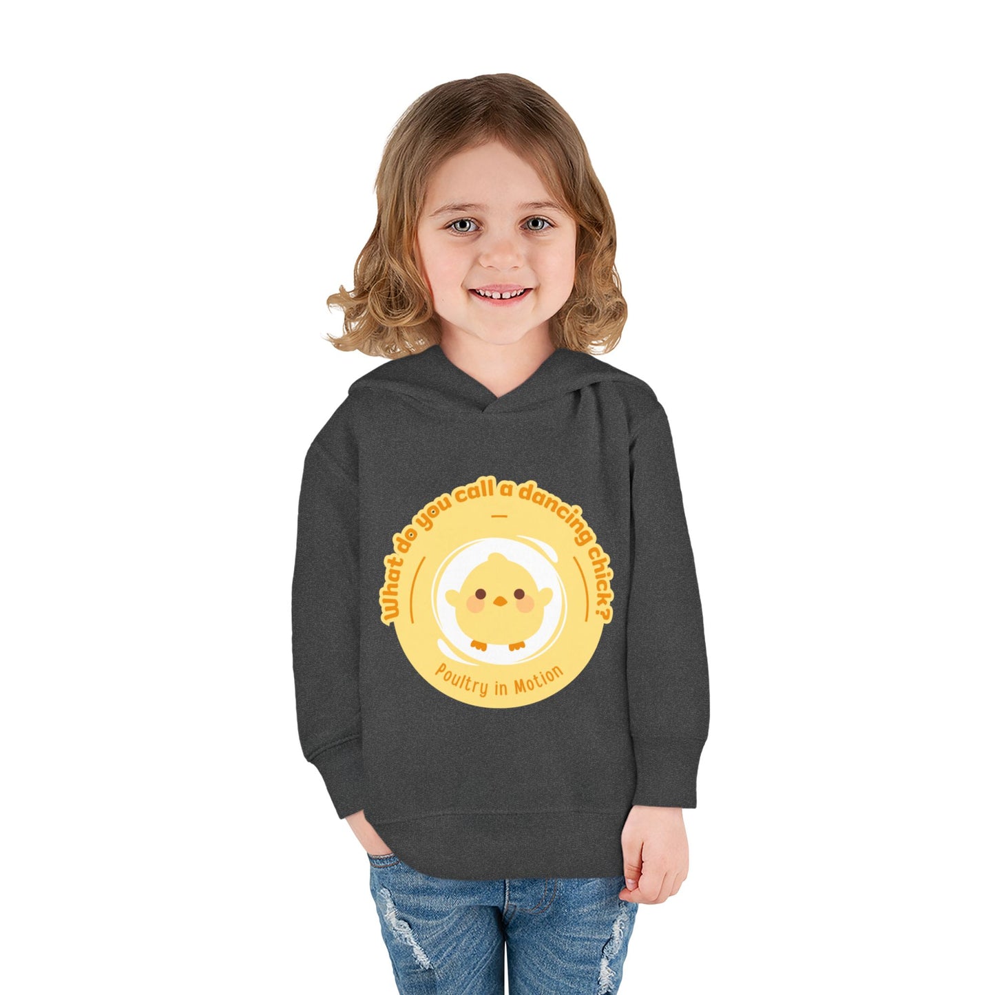 "What do you call a dancing chick? Poultry in Motion." Toddler Pullover Hoodie – Funny Dancing Chicken Pun Graphic Fleece Sweatshirt for Kids