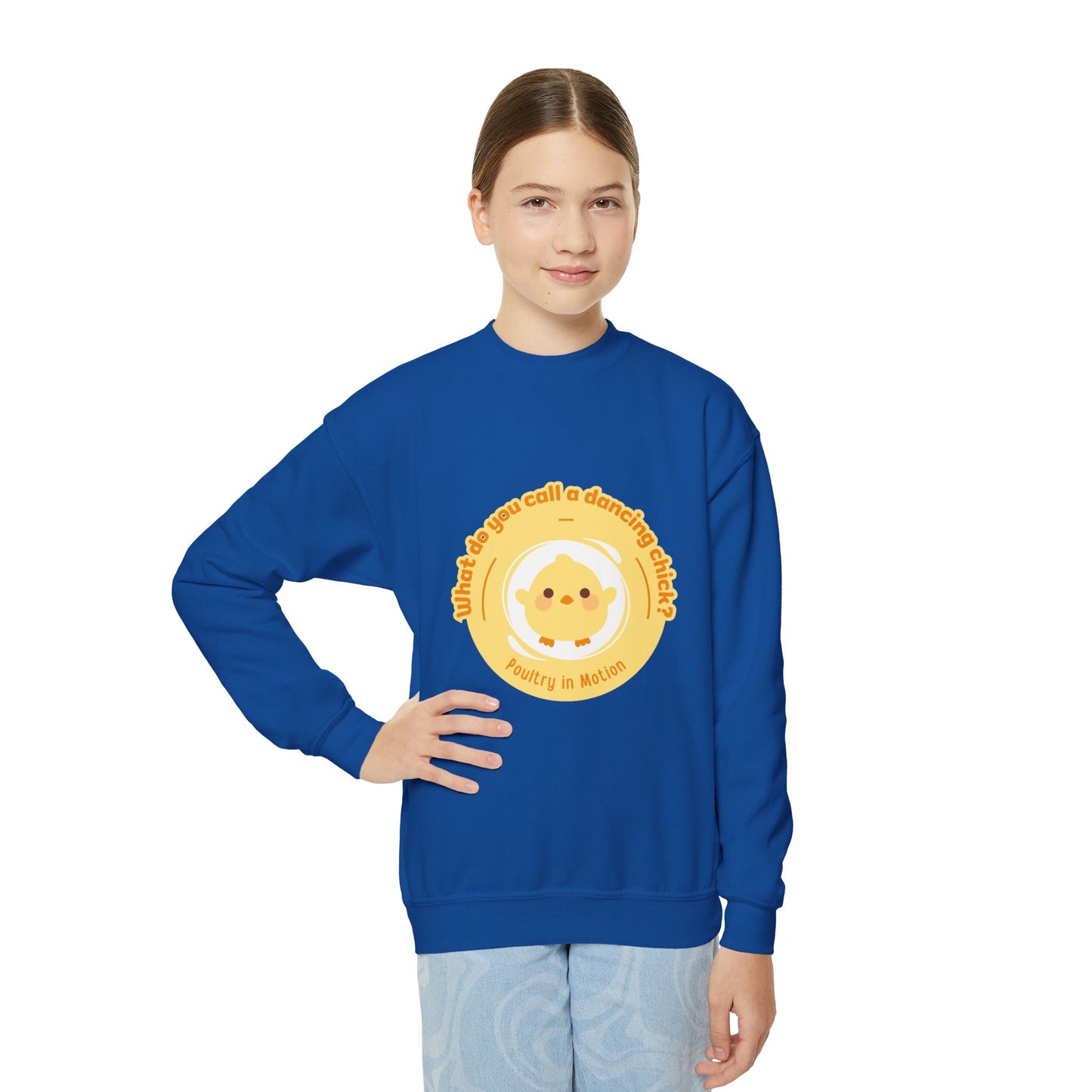 "What do you call a dancing chick? Poultry in Motion." – Funny Dance Pun Youth Crewneck Sweatshirt | Cute Dancing Chicken Kids Pullover