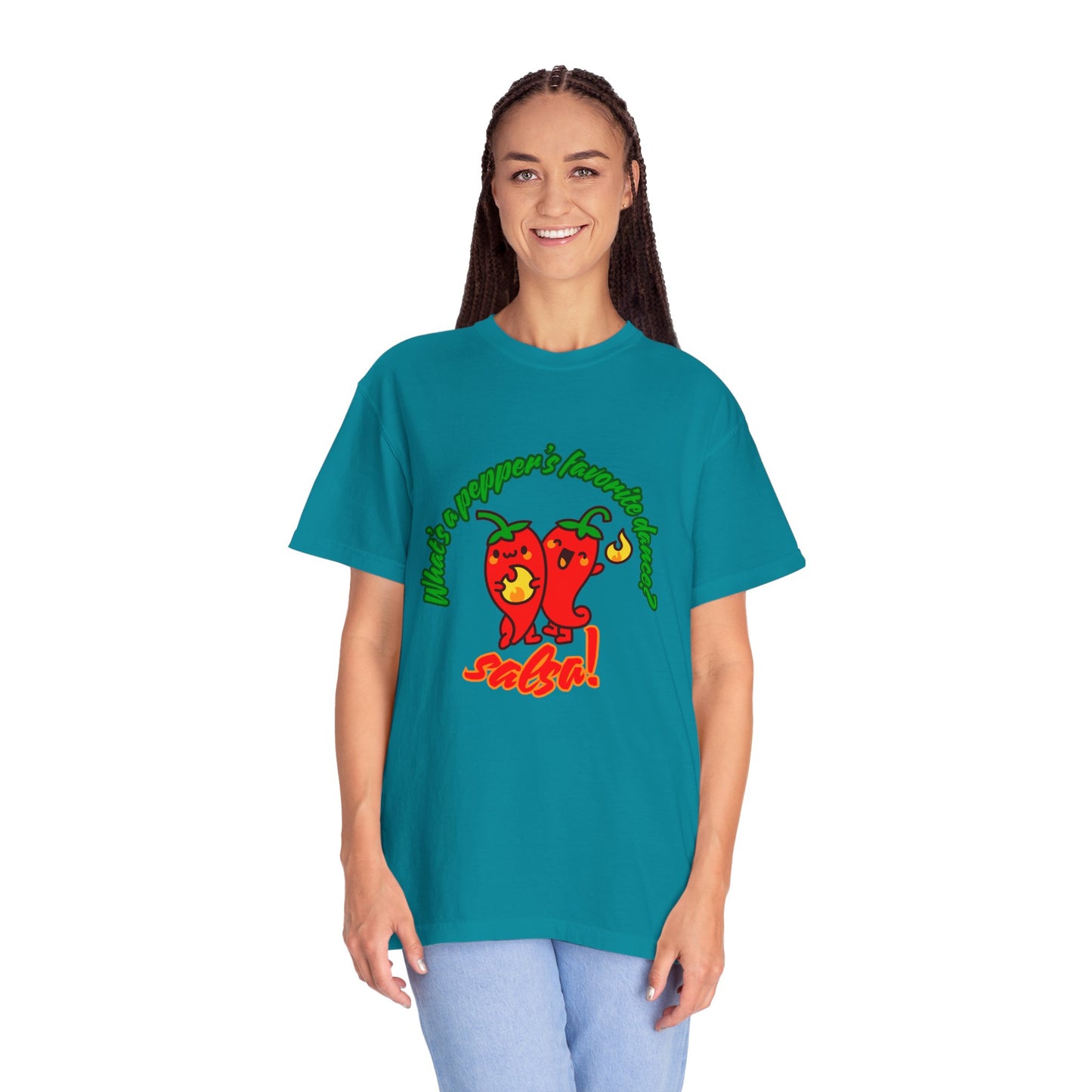 "What's a Pepper's Favorite Dance? Salsa!" Dance Pun Unisex Garment-Dyed T-Shirt – Funny Dance Joke Tee with Cute Pepper Graphic – Dance Humor Shirt for Food & Pun Lovers