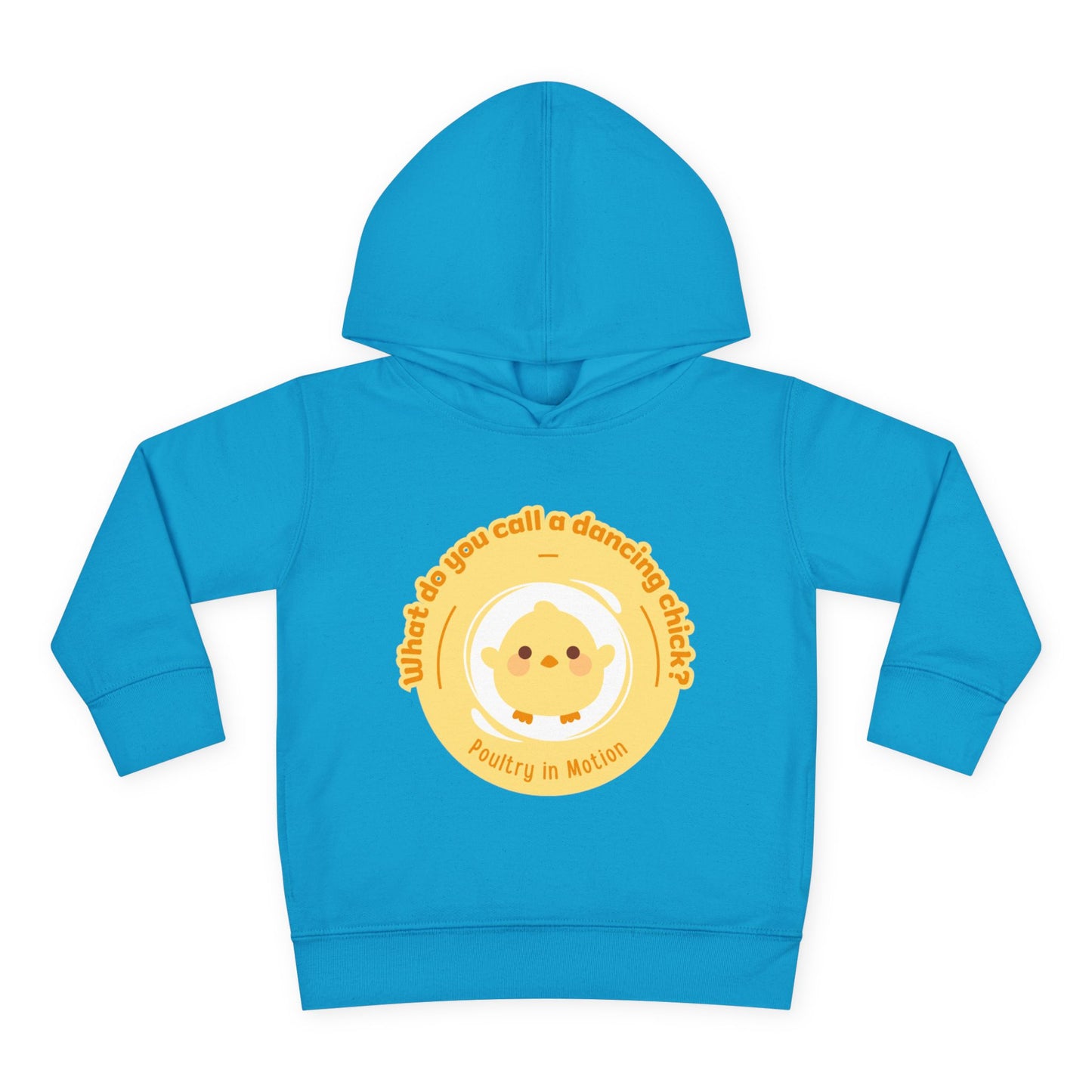 "What do you call a dancing chick? Poultry in Motion." Toddler Pullover Hoodie – Funny Dancing Chicken Pun Graphic Fleece Sweatshirt for Kids