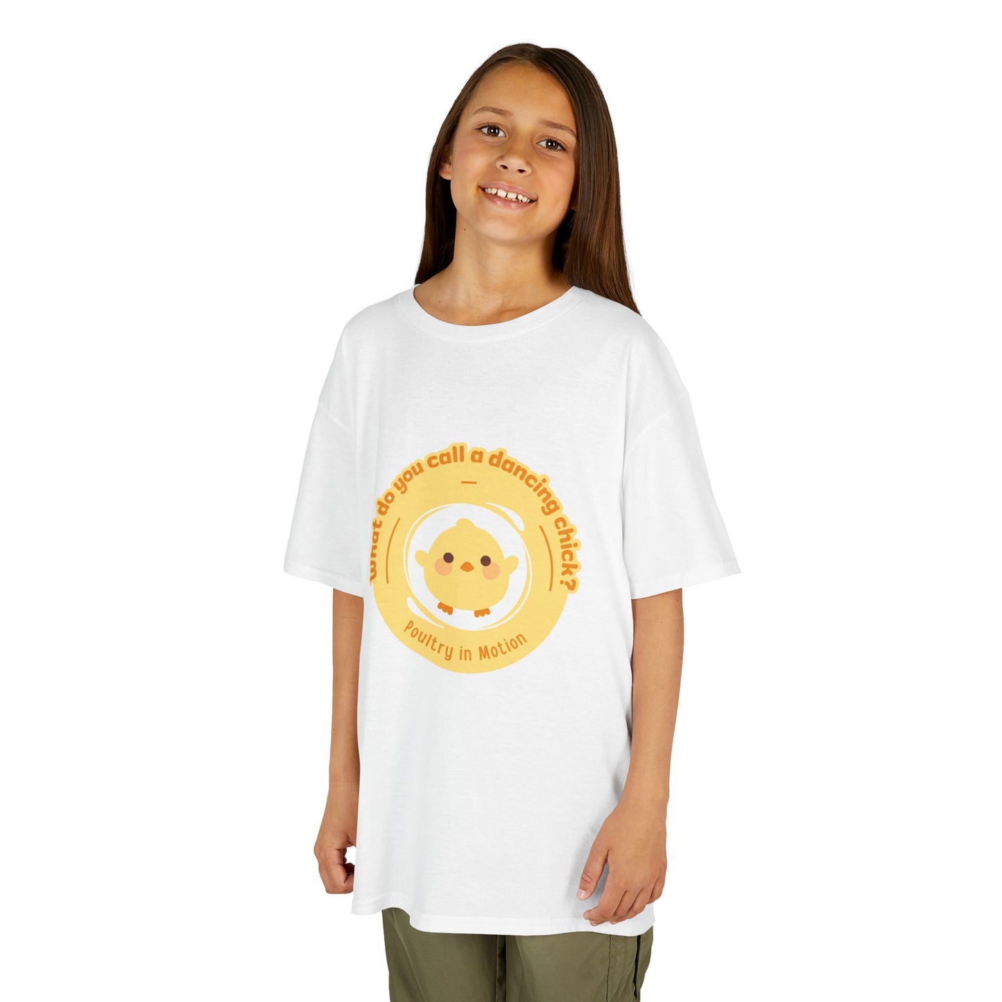 “What do you call a dancing chick? Poultry in Motion” Funny Chick Dance Tee for Kids – Cute Chicken Graphic - Youth Dance Pun T-Shirt