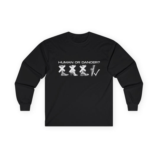 “Human or Dancer” Unisex Long Sleeve Tee – Cute X-Ray Pointe Shoe Graphic Ballet Shirt with Regular vs. Dancer Feet + Optional Name or Studio Personalization