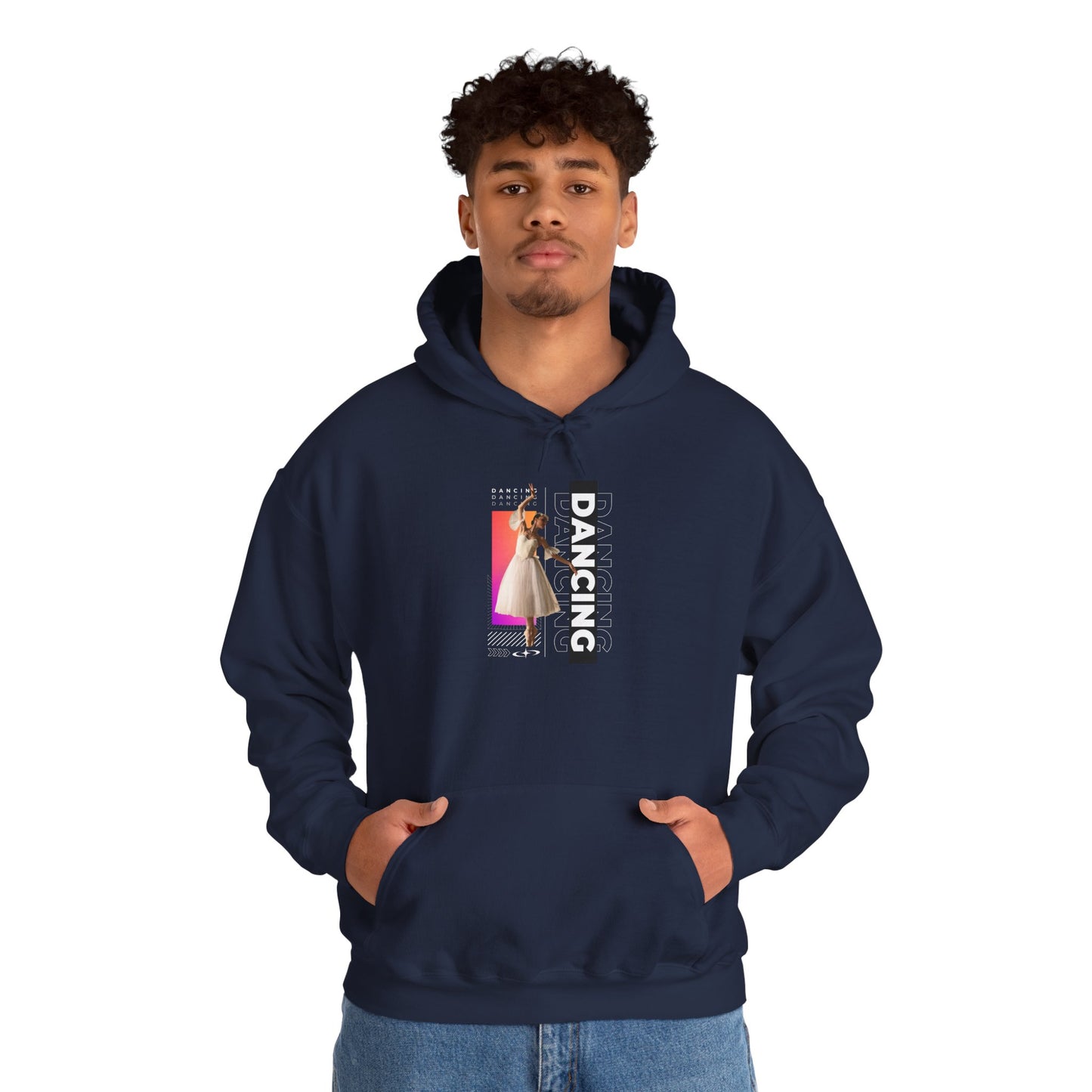 “Dancing” Text with Streetwear-Style Female Dancer Graphic - Unisex Heavy Blend™ Hooded Sweatshirt – Cozy Dance Hoodie for Ballet & Hip-Hop Enthusiasts